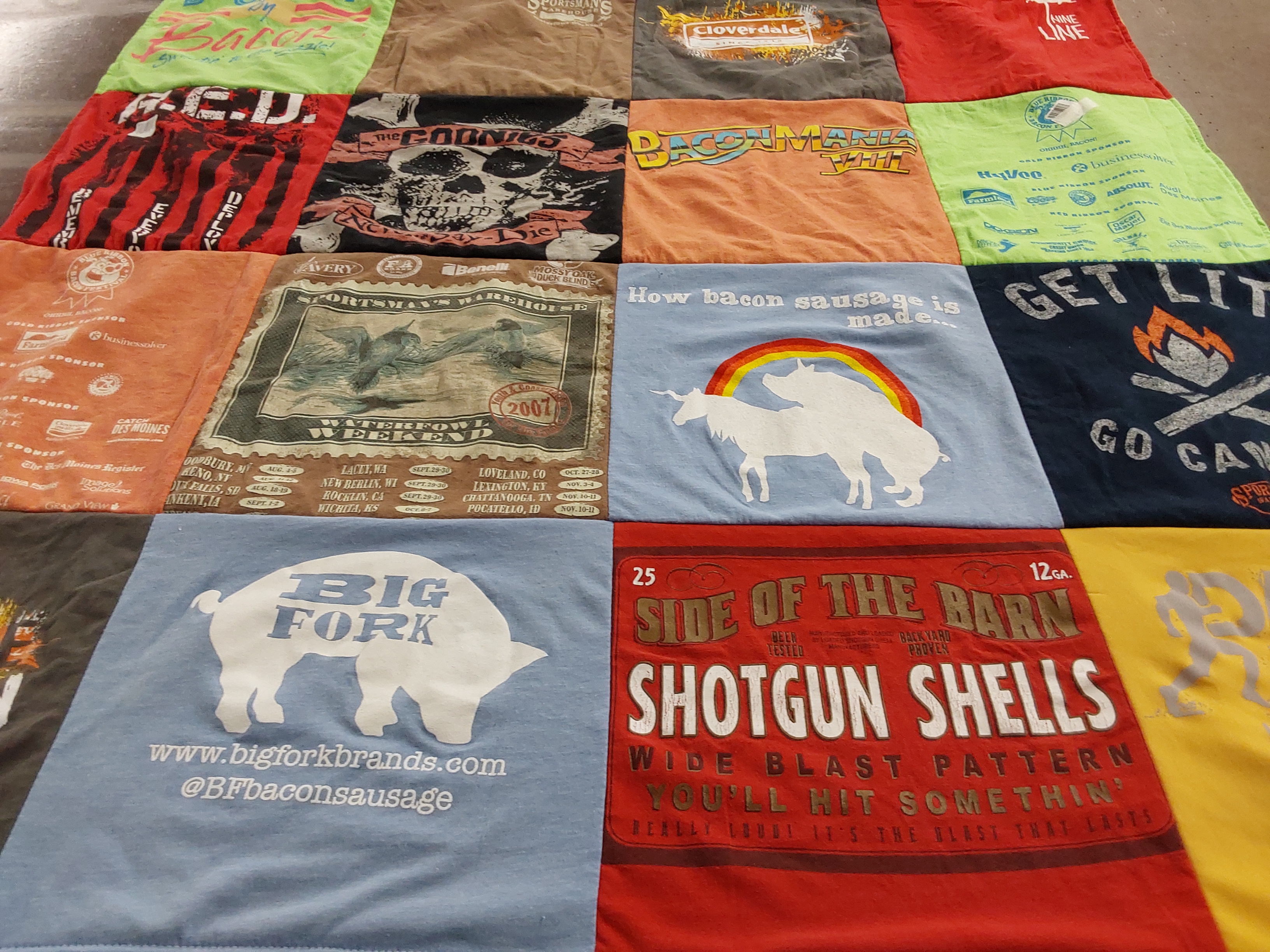 T-shirt quilt with bacon, camping themes by Robert from IA