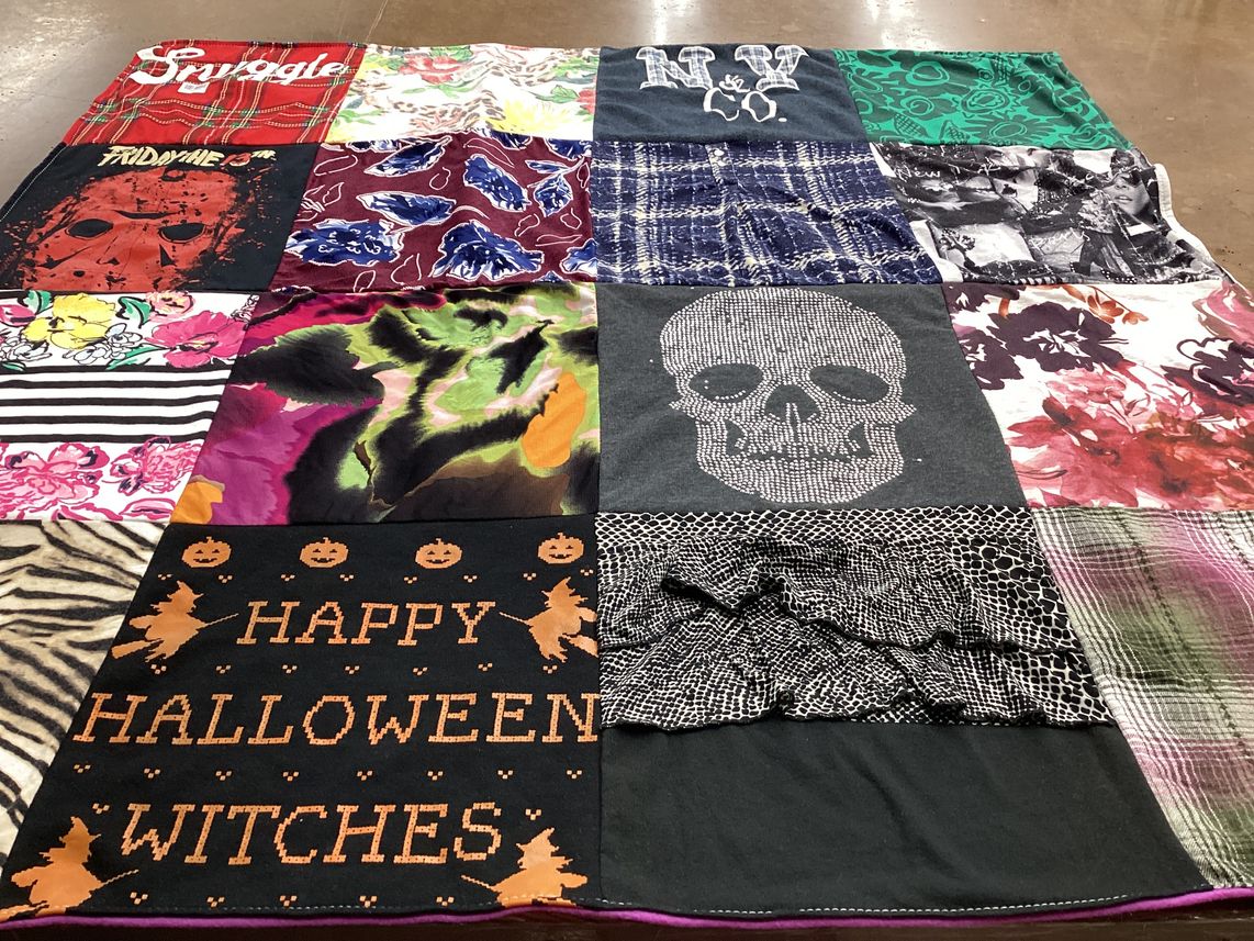 T-shirt quilt with halloween, horror themes by Dina from CA