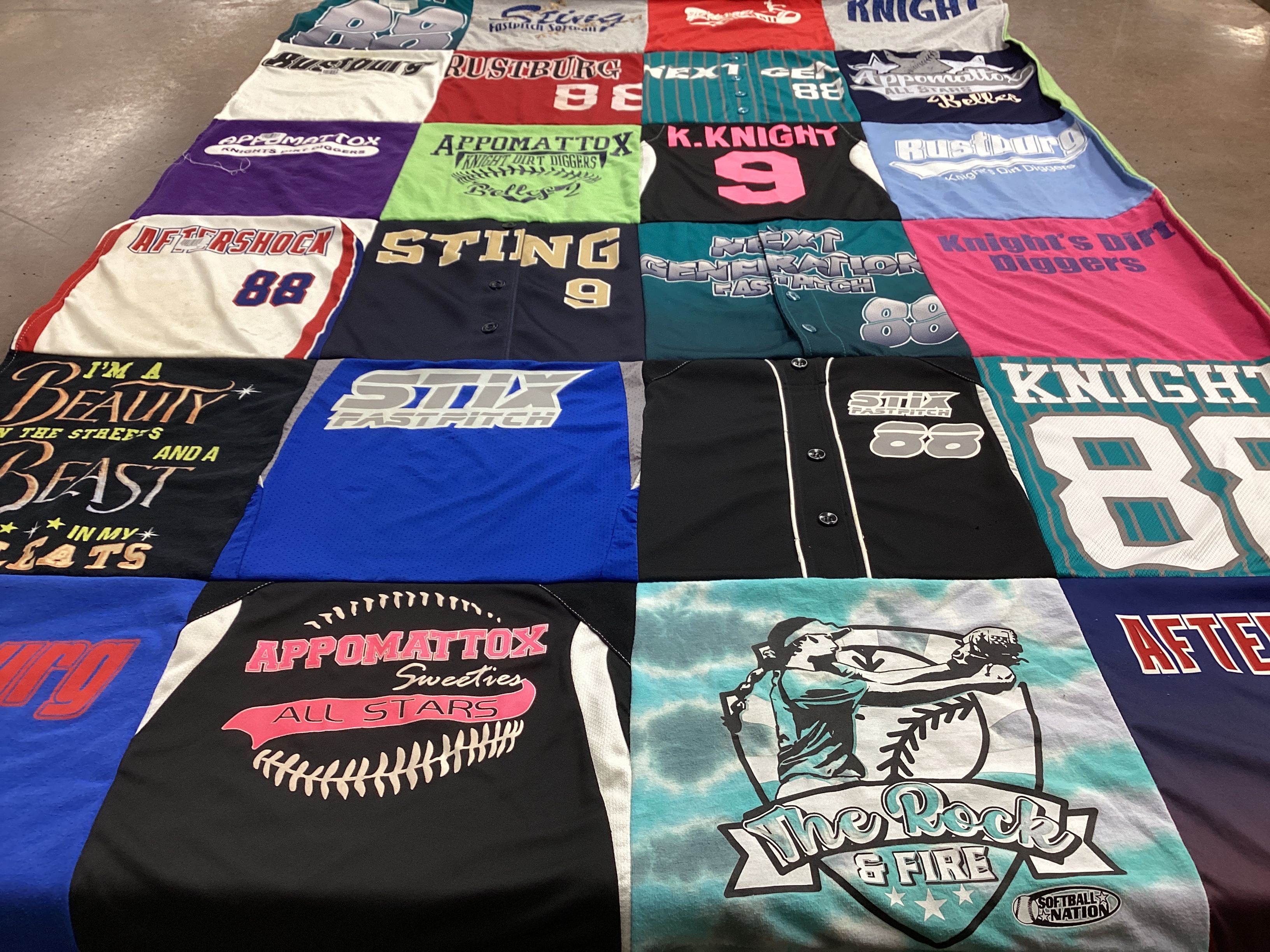 T-shirt quilt with softball, baseball themes by Tanya from VA