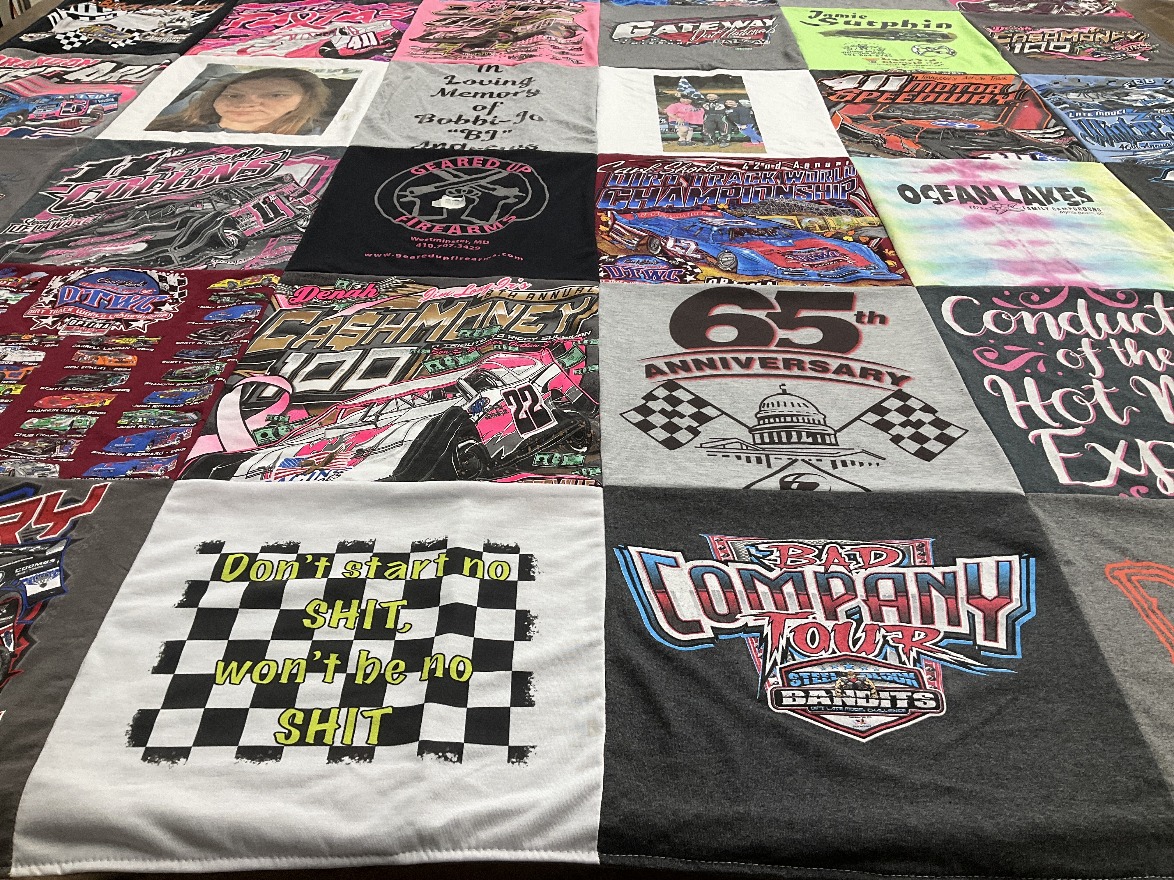 T-shirt quilt with racing, motorsports themes by Denny from MD