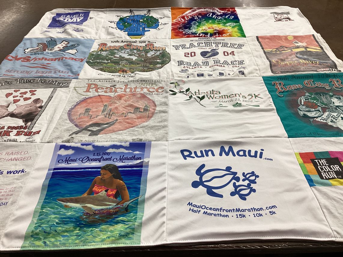 T-shirt quilt with running, fitness themes by Cheryl from GA
