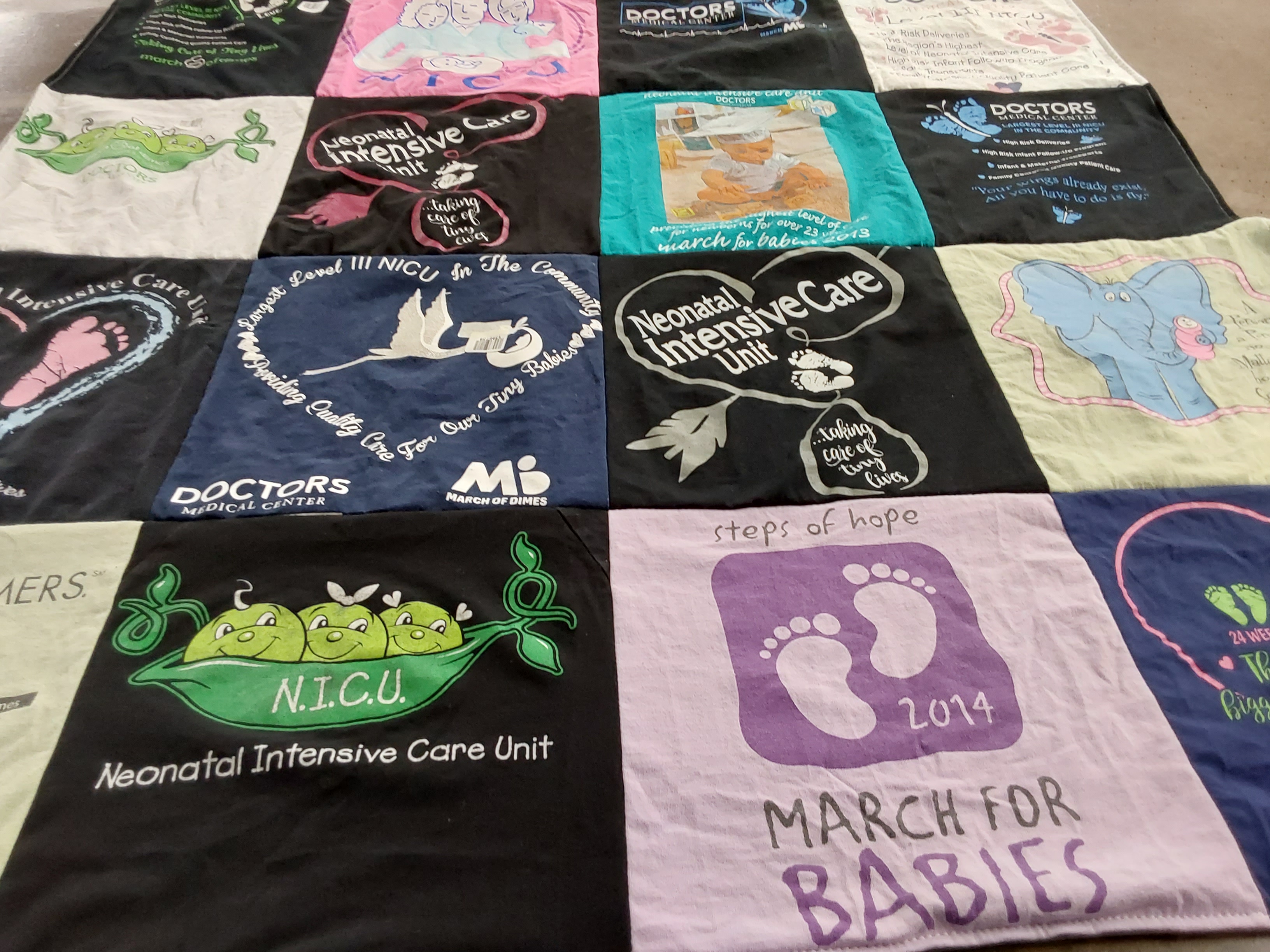 T-shirt quilt with neonatal care, infant health themes by Melissa from CA