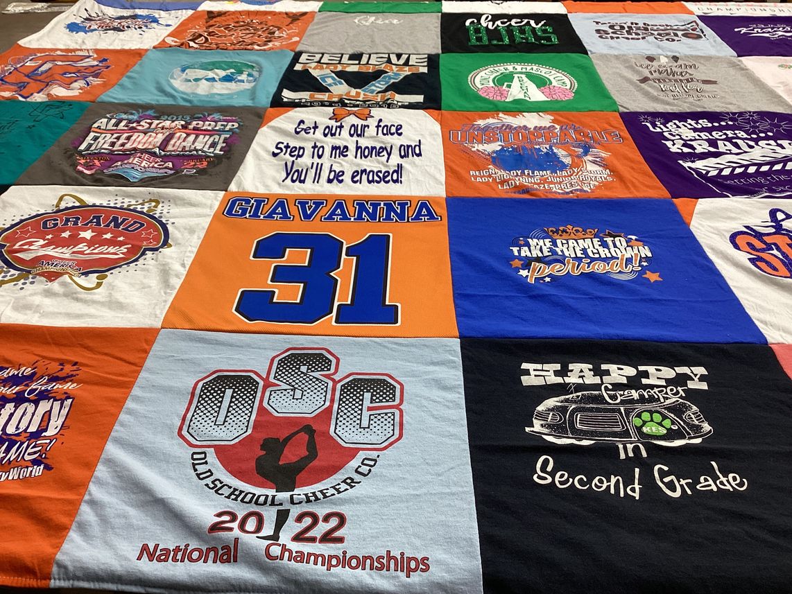 T-shirt quilt with cheerleading, dance themes by Tonya from TX