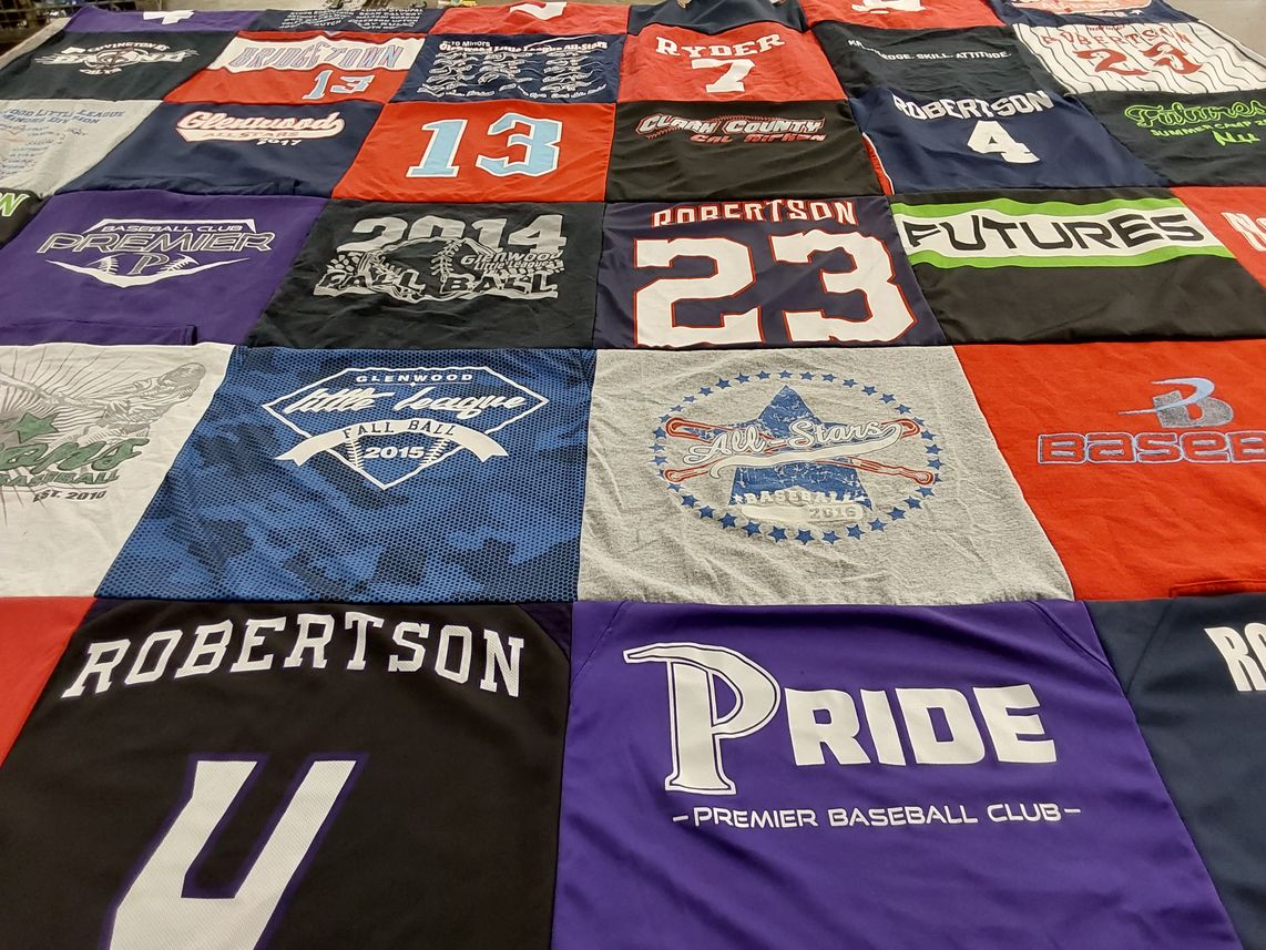 T-shirt quilt with baseball, sports themes by Tiffany from WA