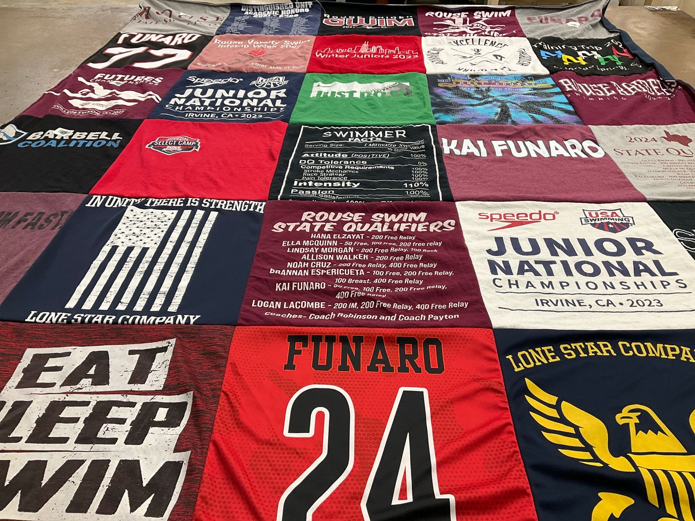 T-shirt quilt with swimming, team sports themes by Kai from TX