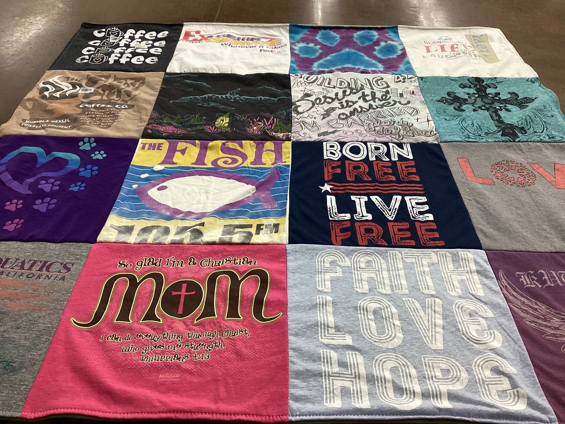 T-shirt quilt with coffee, christianity themes by Susan from CA