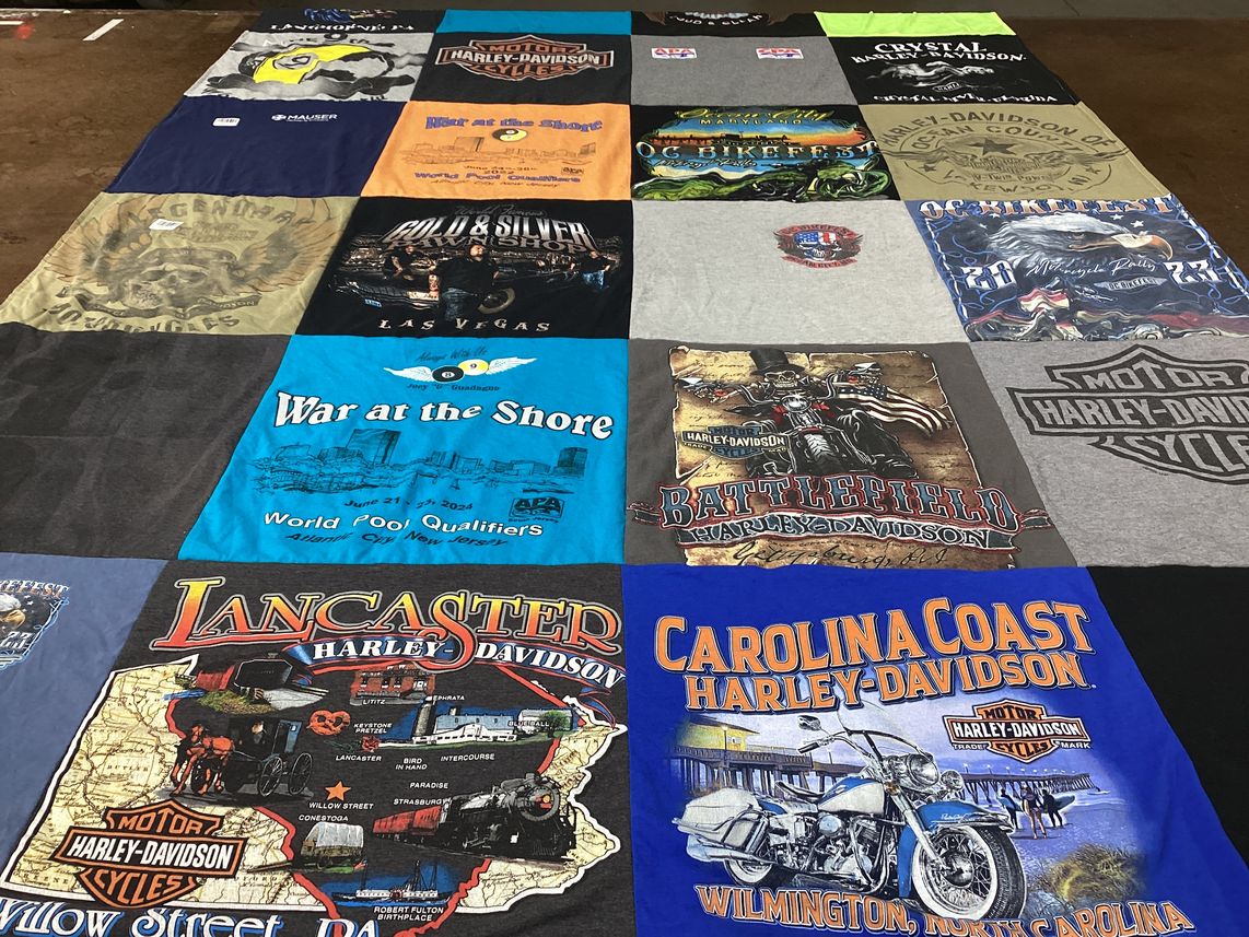 T-shirt quilt with motorcycling, pool themes by Donna from PA
