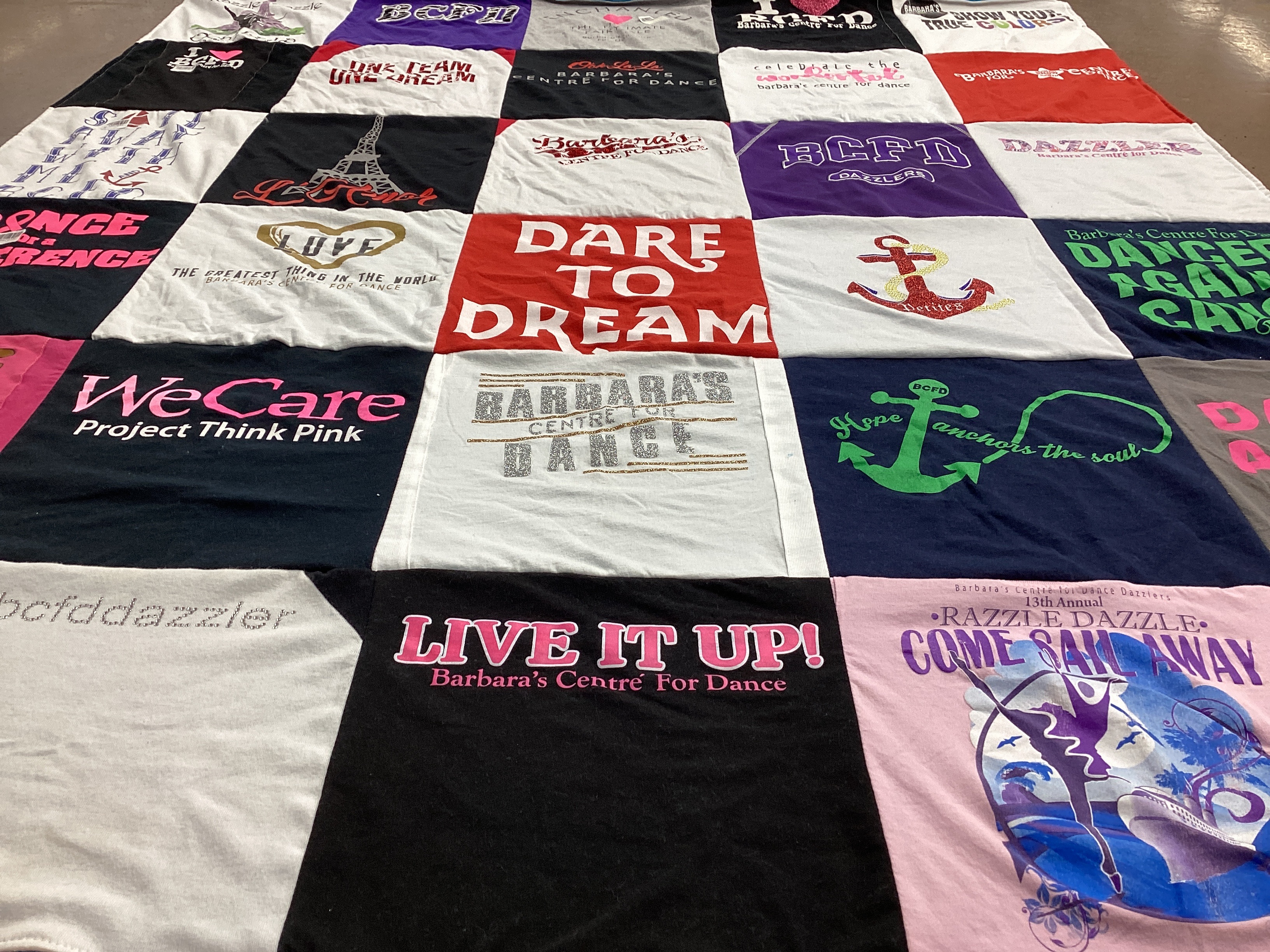 T-shirt quilt with dance, performing arts themes by Heather from FL