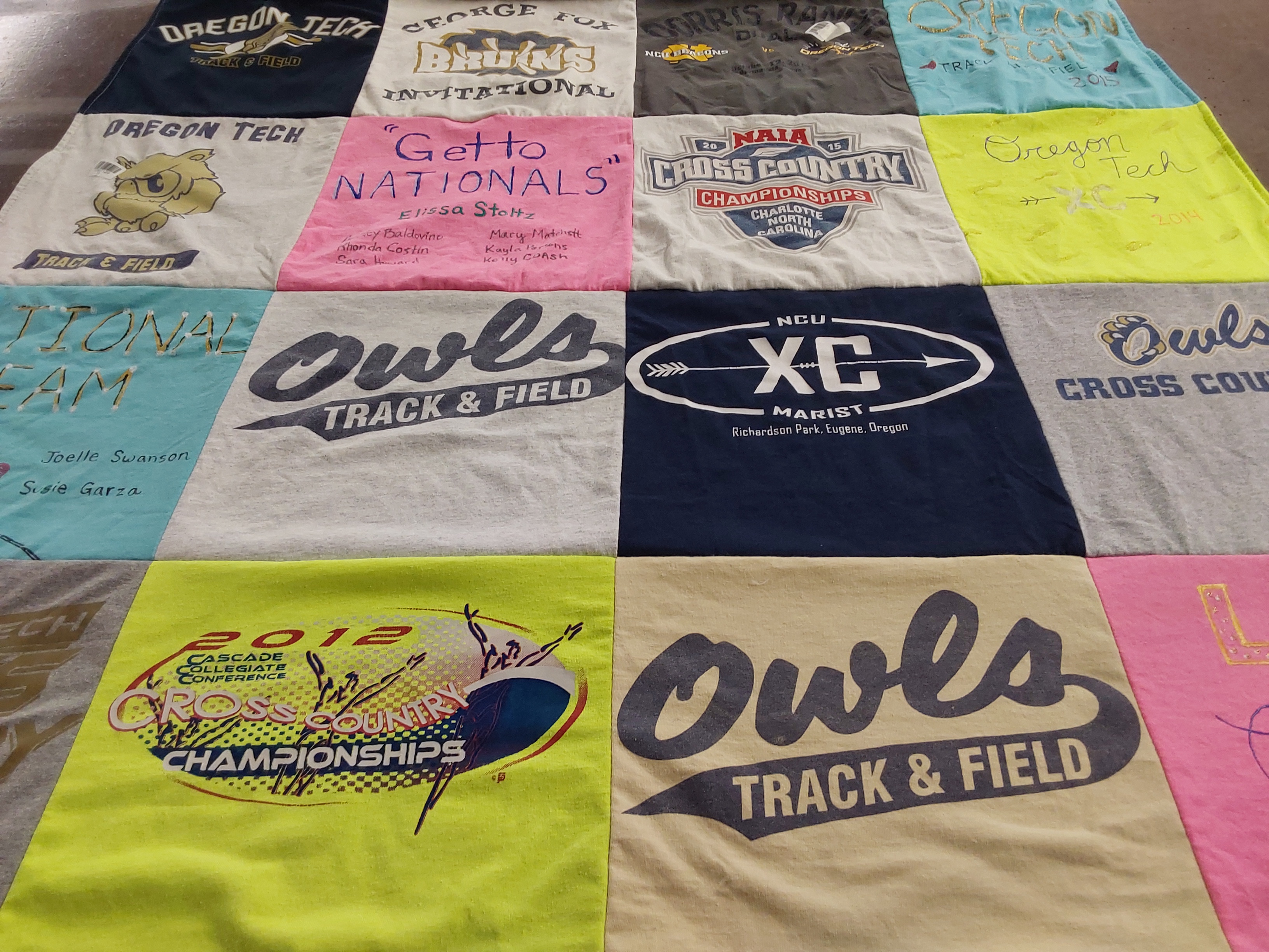 T-shirt quilt featuring owls track and field team by Elissa from OR