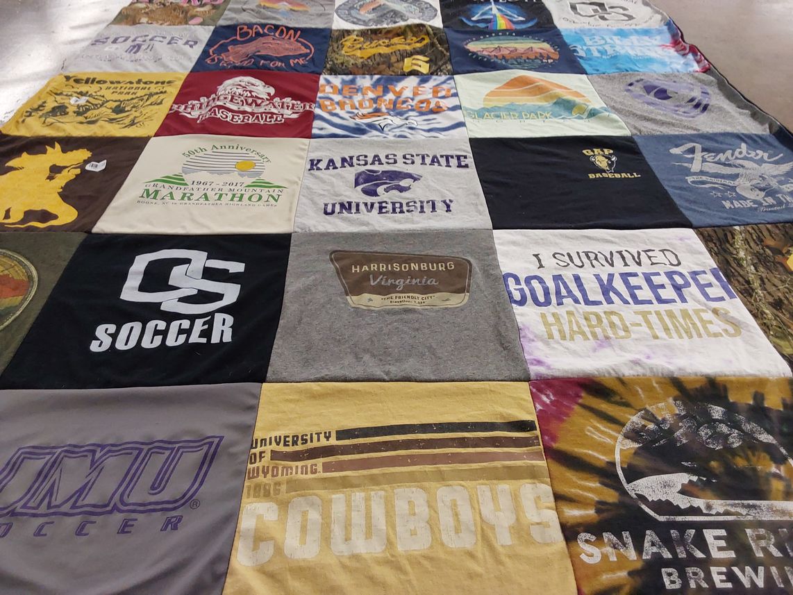 T-shirt quilt featuring james madison university soccer, university of wyoming cowboys by Colleen from KS