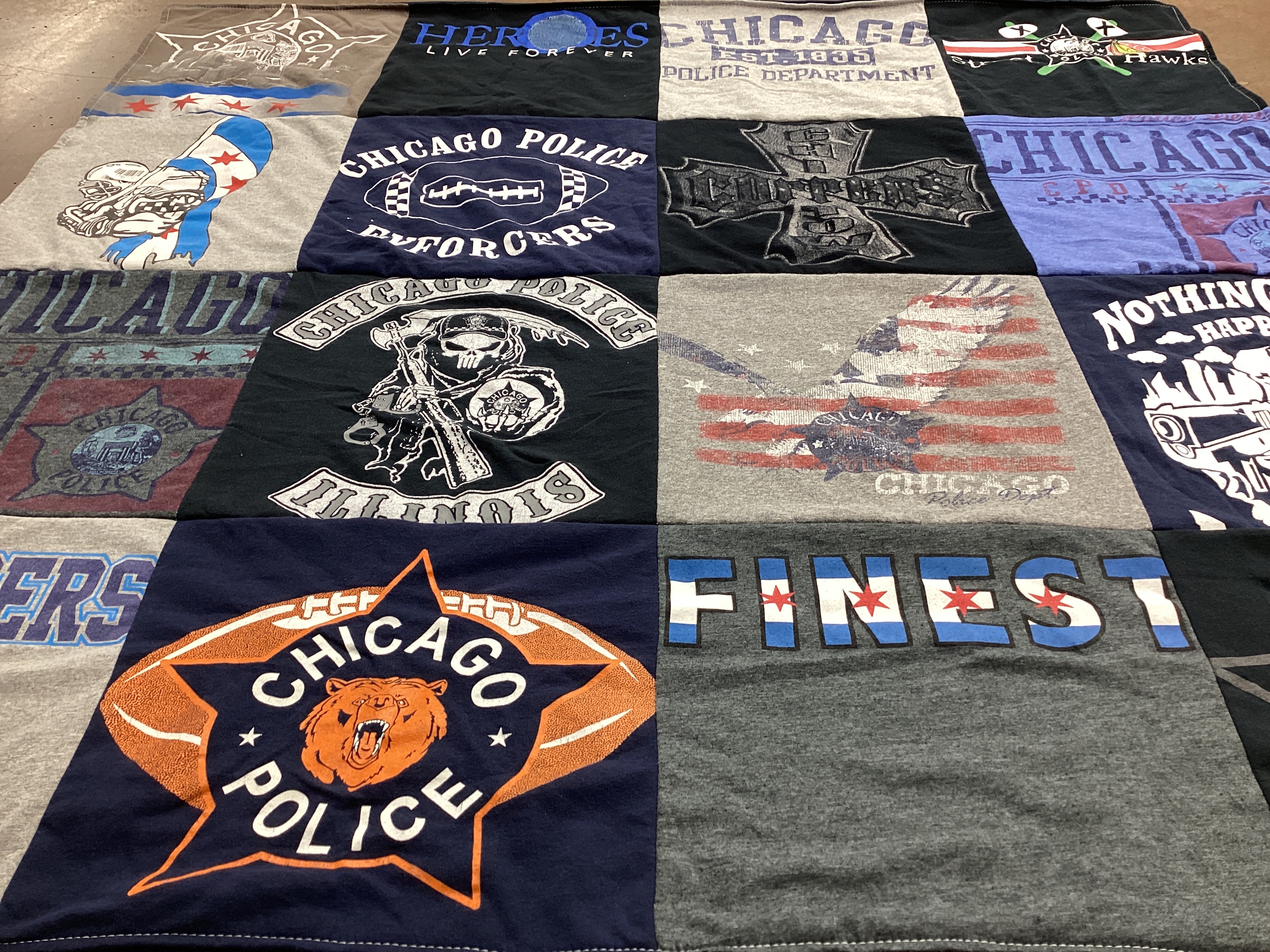 T-shirt quilt with law enforcement, chicago history themes by Amanda from IL