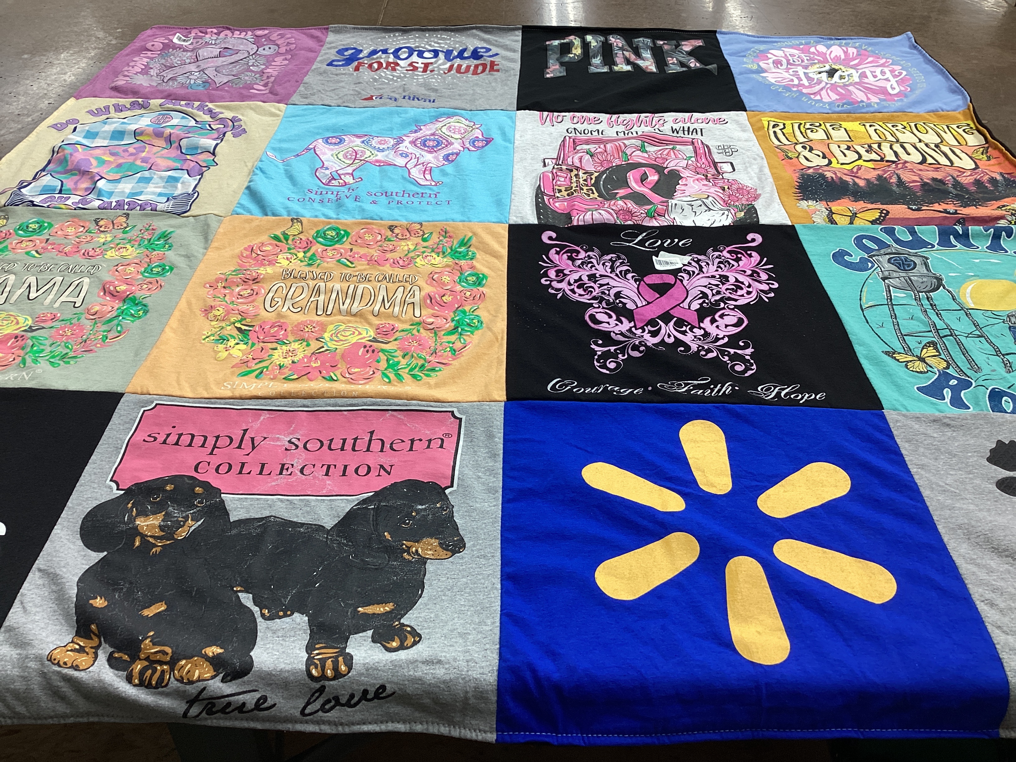 T-shirt quilt with animals, breast cancer awareness themes by Christine from DE