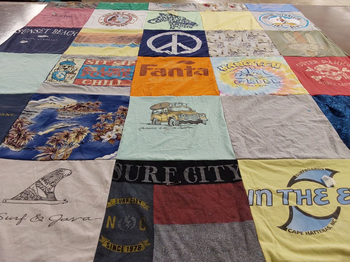 T-shirt quilt with beach, surfing themes by Melissa from TN