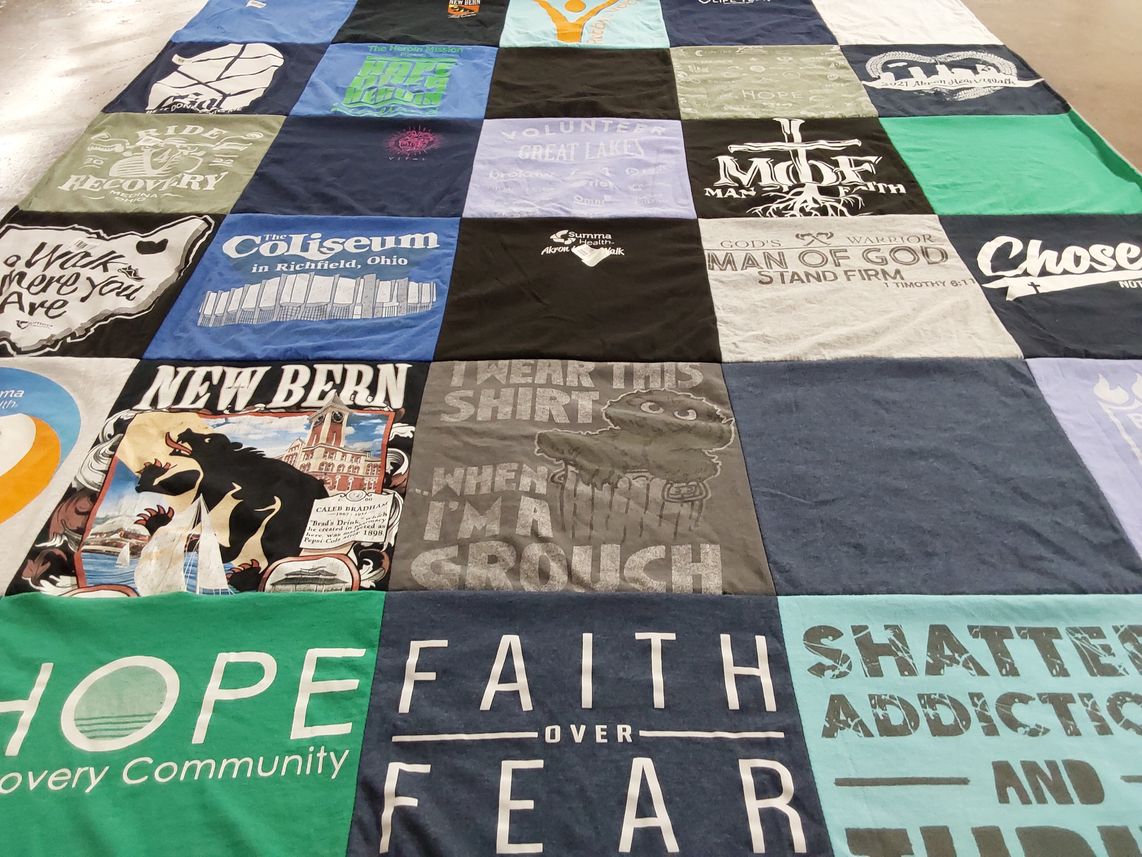 T-shirt quilt with recovery, faith themes by linda from OH