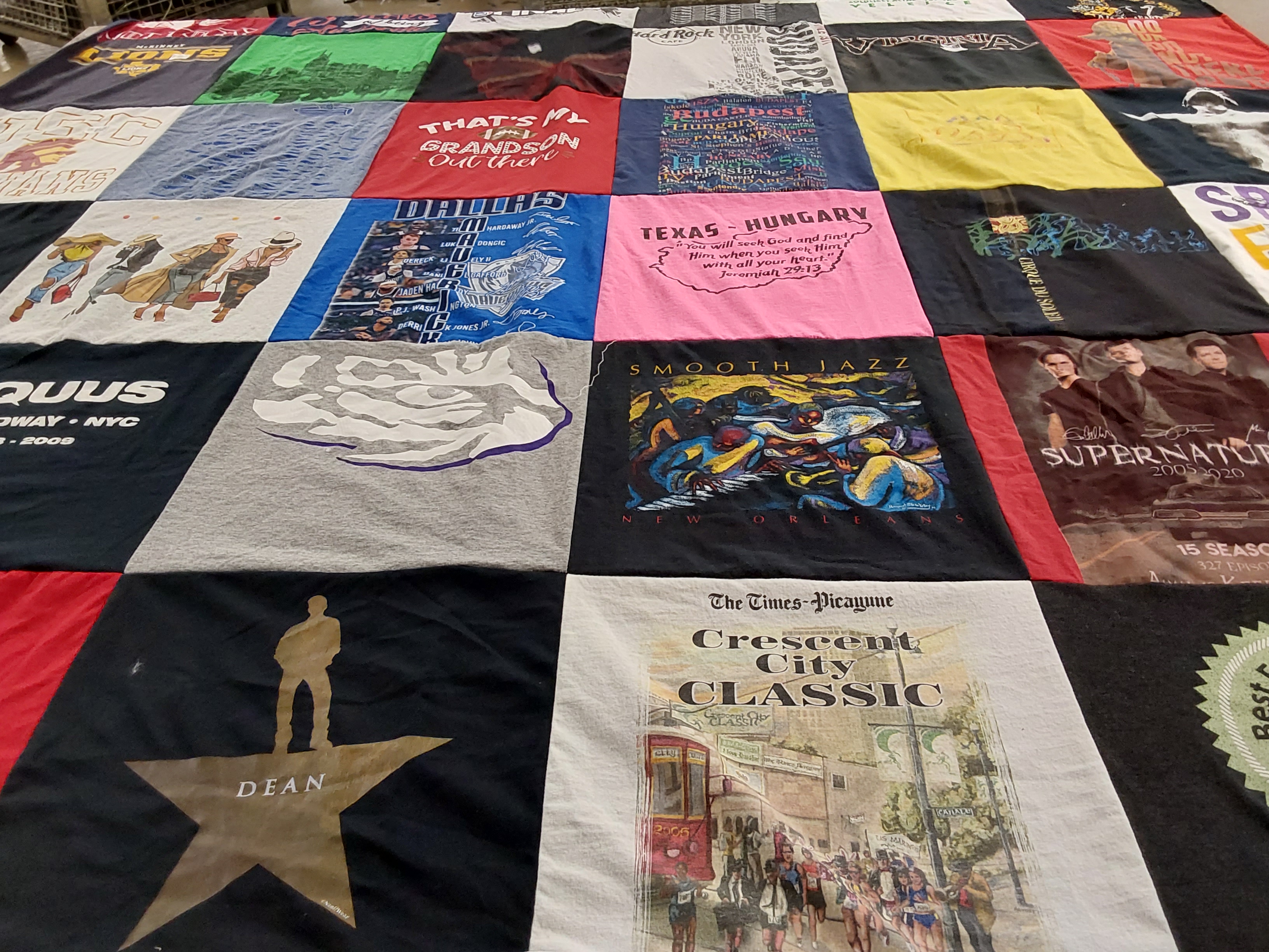 T-shirt quilt with music, travel themes by Peggy from TX