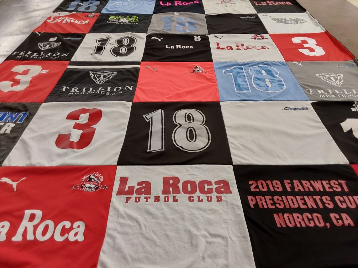 T-shirt quilt with soccer, sports themes by AMBER from UT