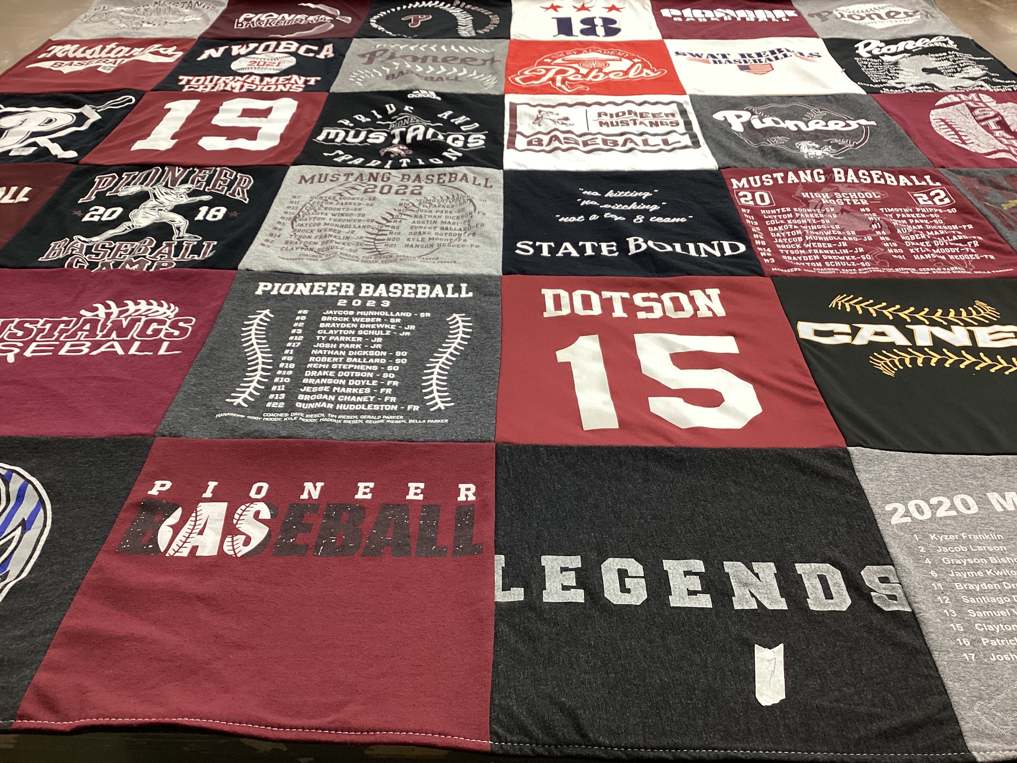 T-shirt quilt featuring pioneer high school baseball, mustang baseball by Whitney from OK