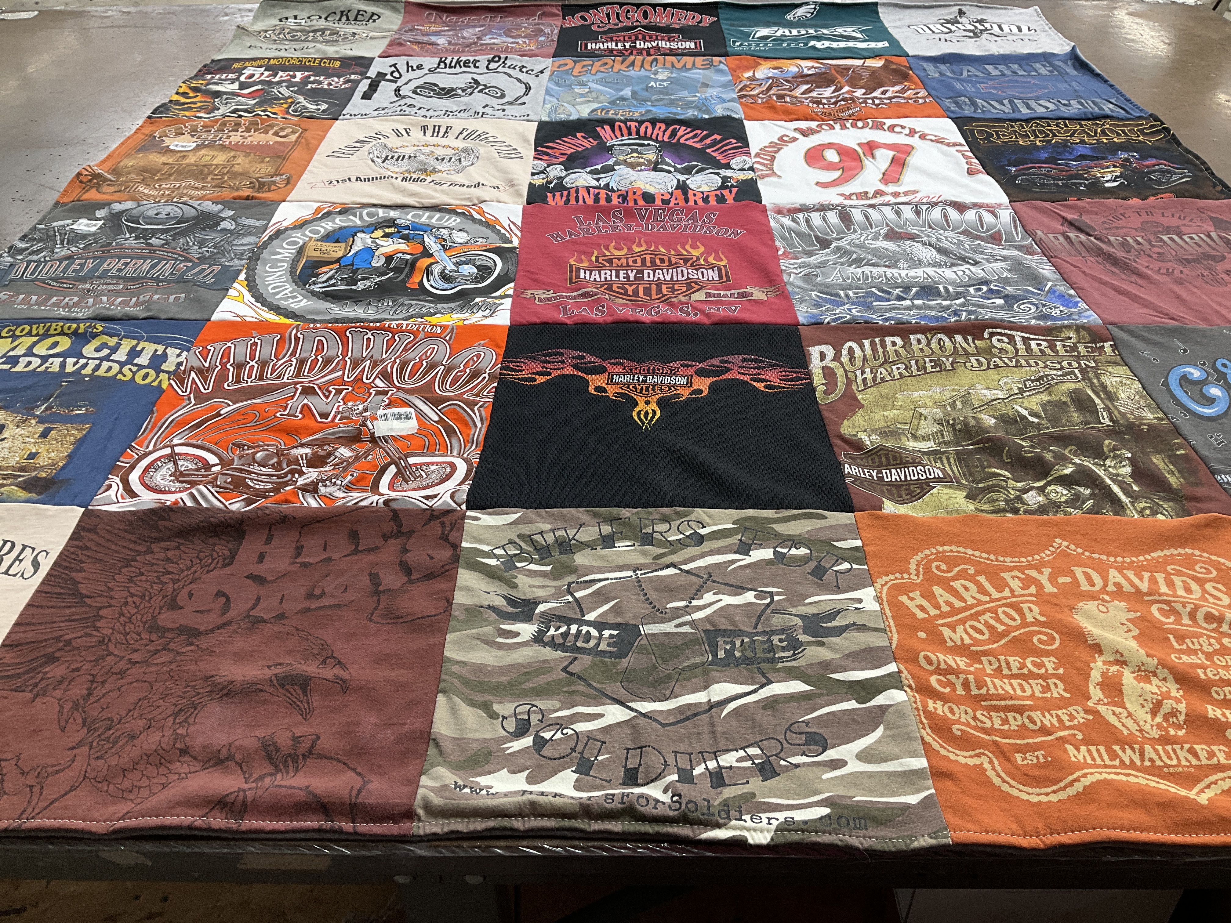 T-shirt quilt with motorcycles, biking themes by Pete from PA