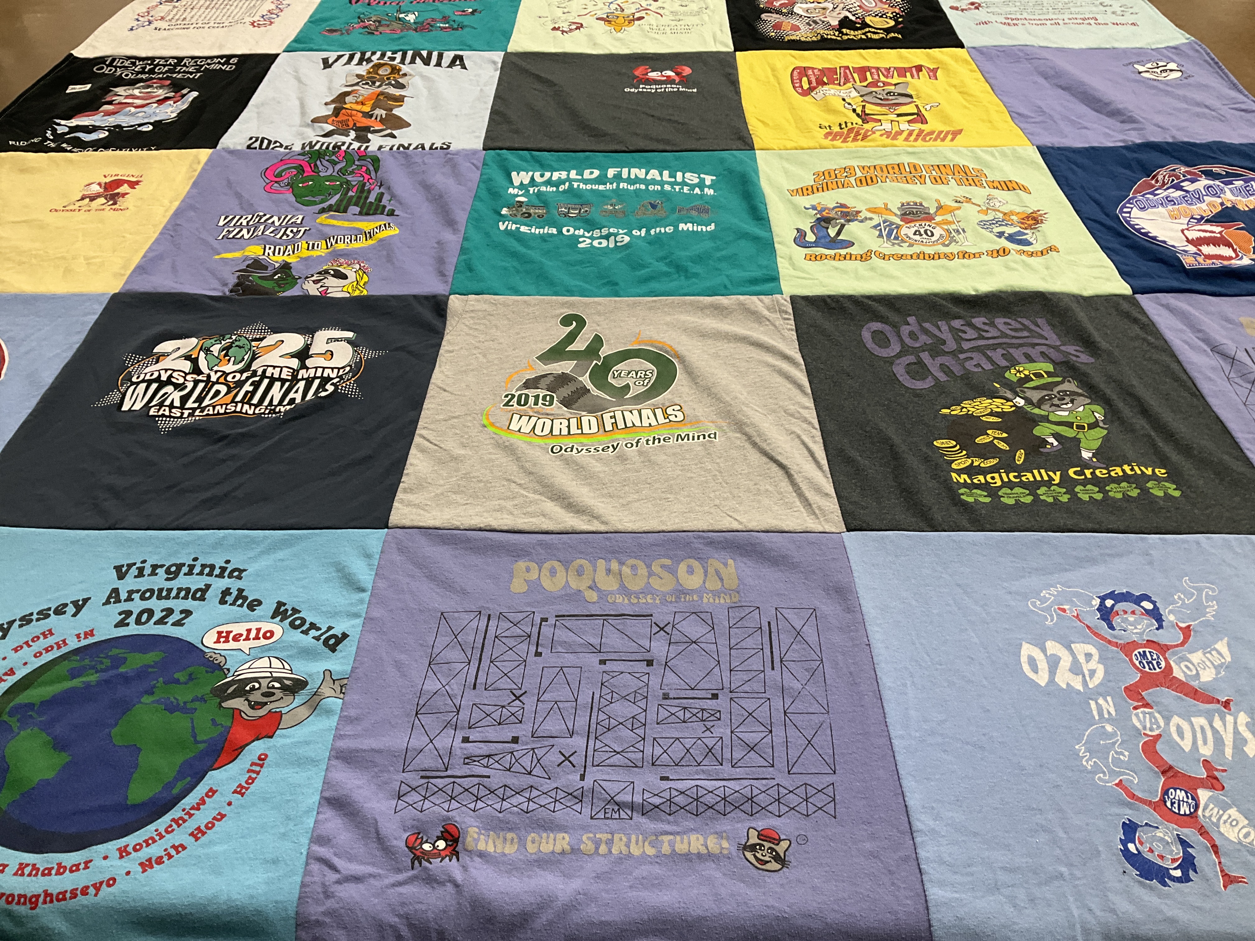 T-shirt quilt with odyssey of the mind, creativity themes by Robin from VA