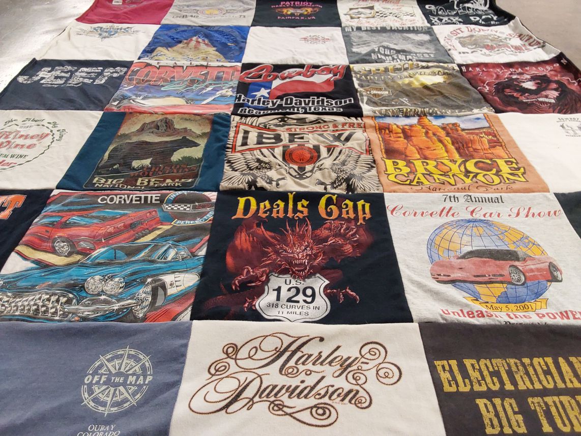 T-shirt quilt with motorcycles, cars themes by Angela from TX