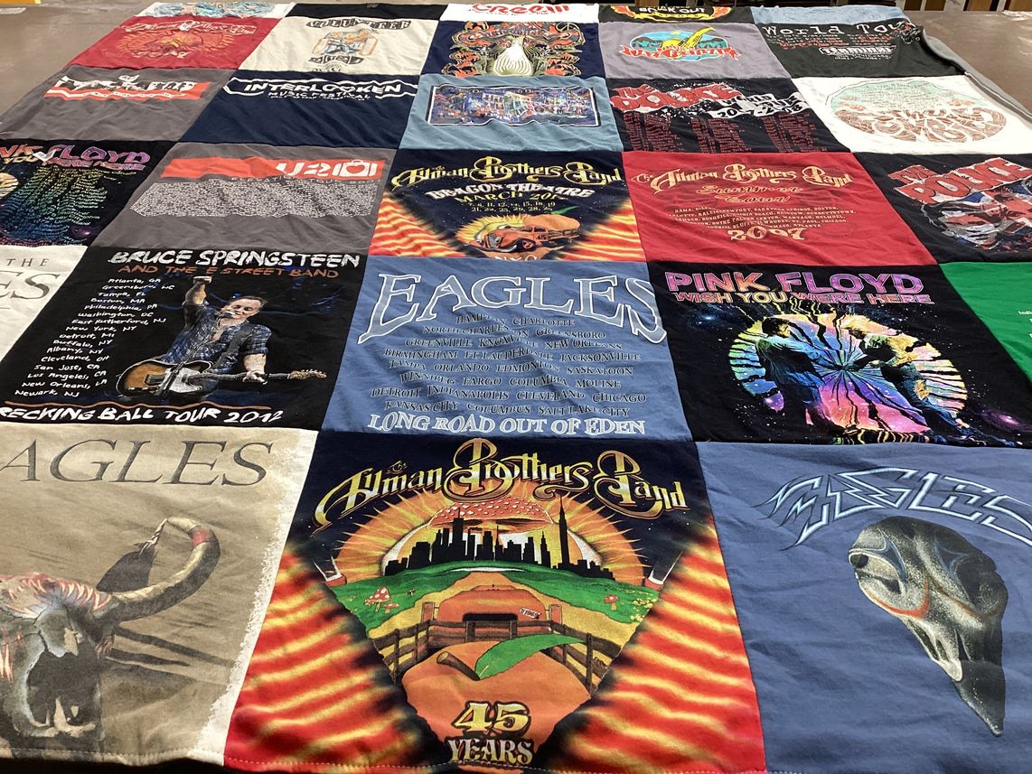 T-shirt quilt with music, concerts themes by Steve from LA