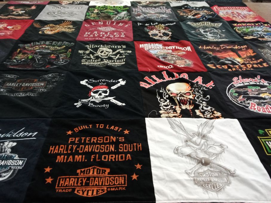 T-shirt quilt with motorcycles, biker culture themes by LORI from CA