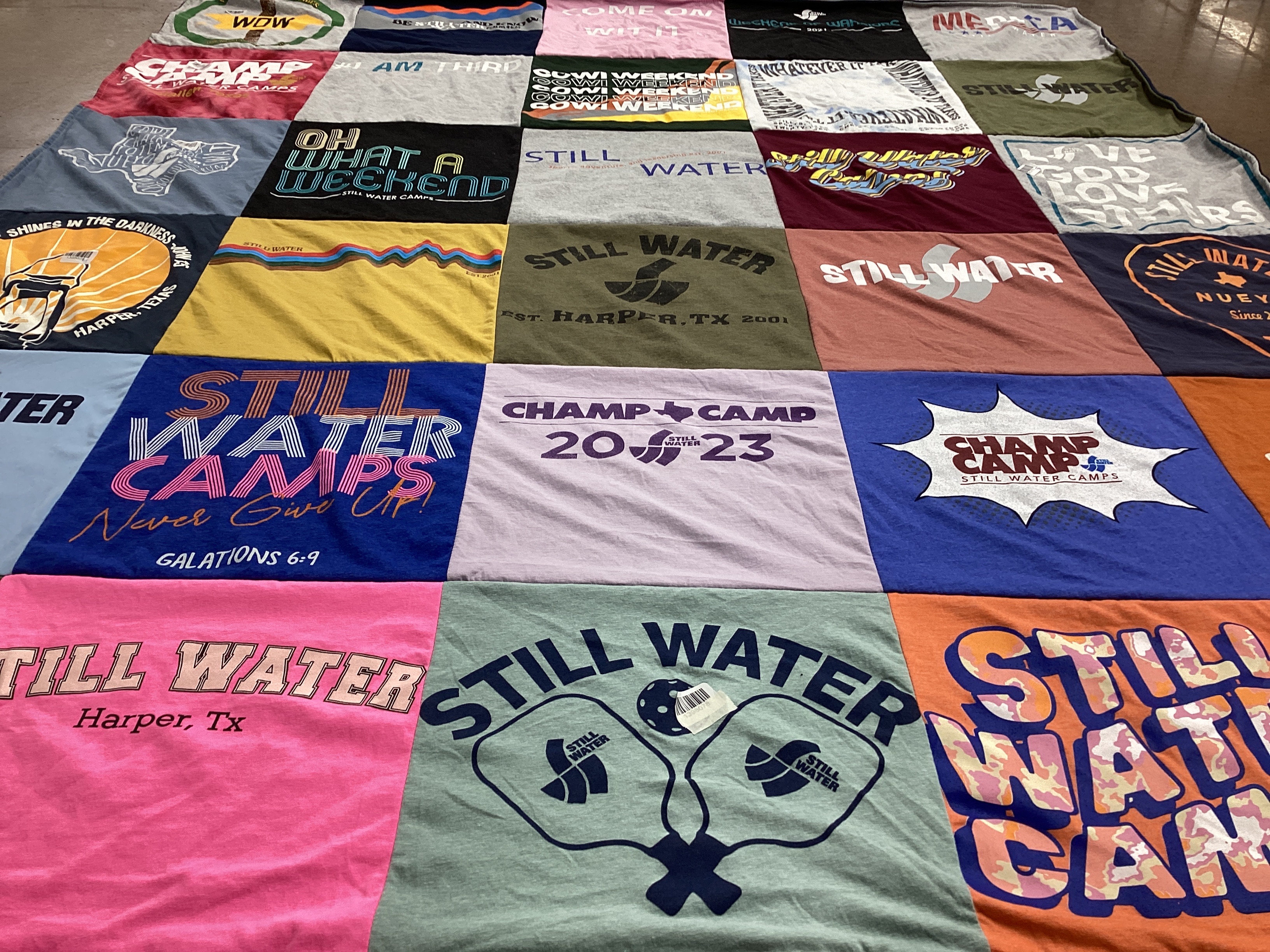 T-shirt quilt with camping, youth activities themes by Mia from TX