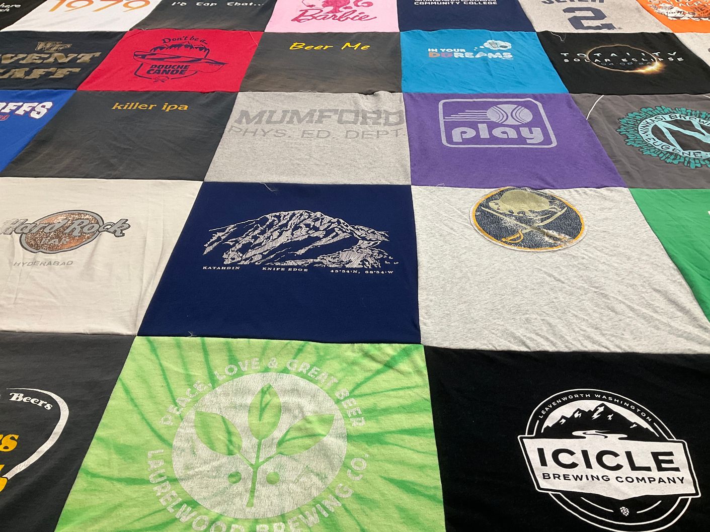 T-shirt quilt with brewing, outdoors themes by Rebecca from OR