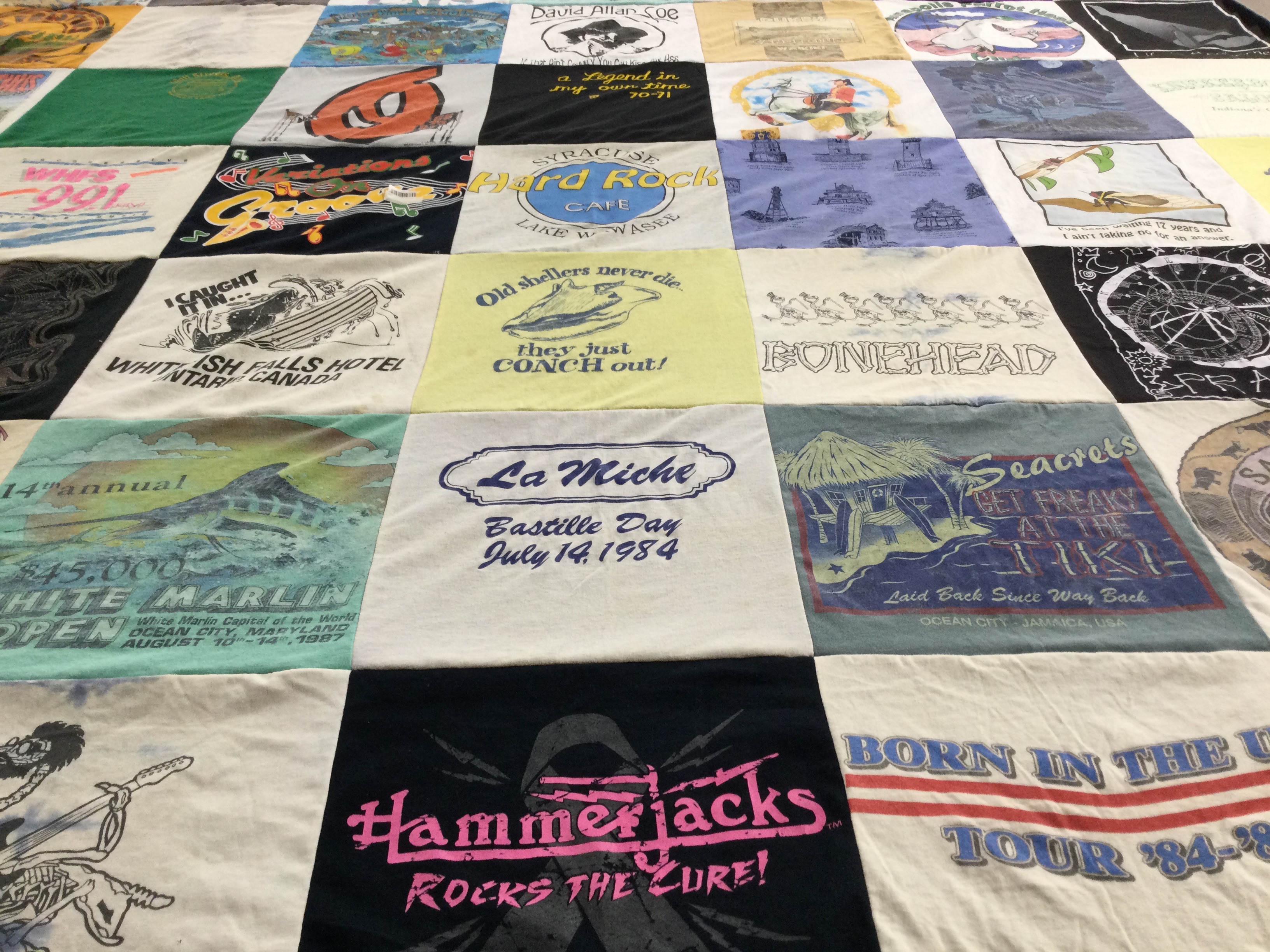T-shirt quilt with fishing, music themes by Crystal from MD