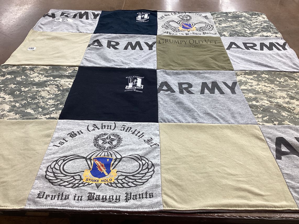 T-shirt quilt with military, veterans themes by Gianna from AZ