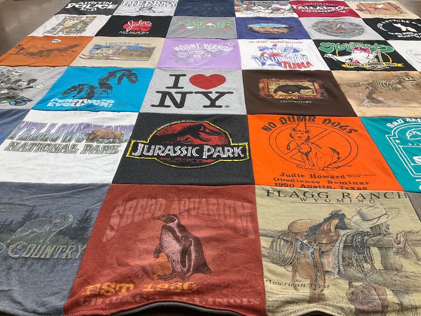 T-shirt quilt with dogs, national parks themes by Karen from TX