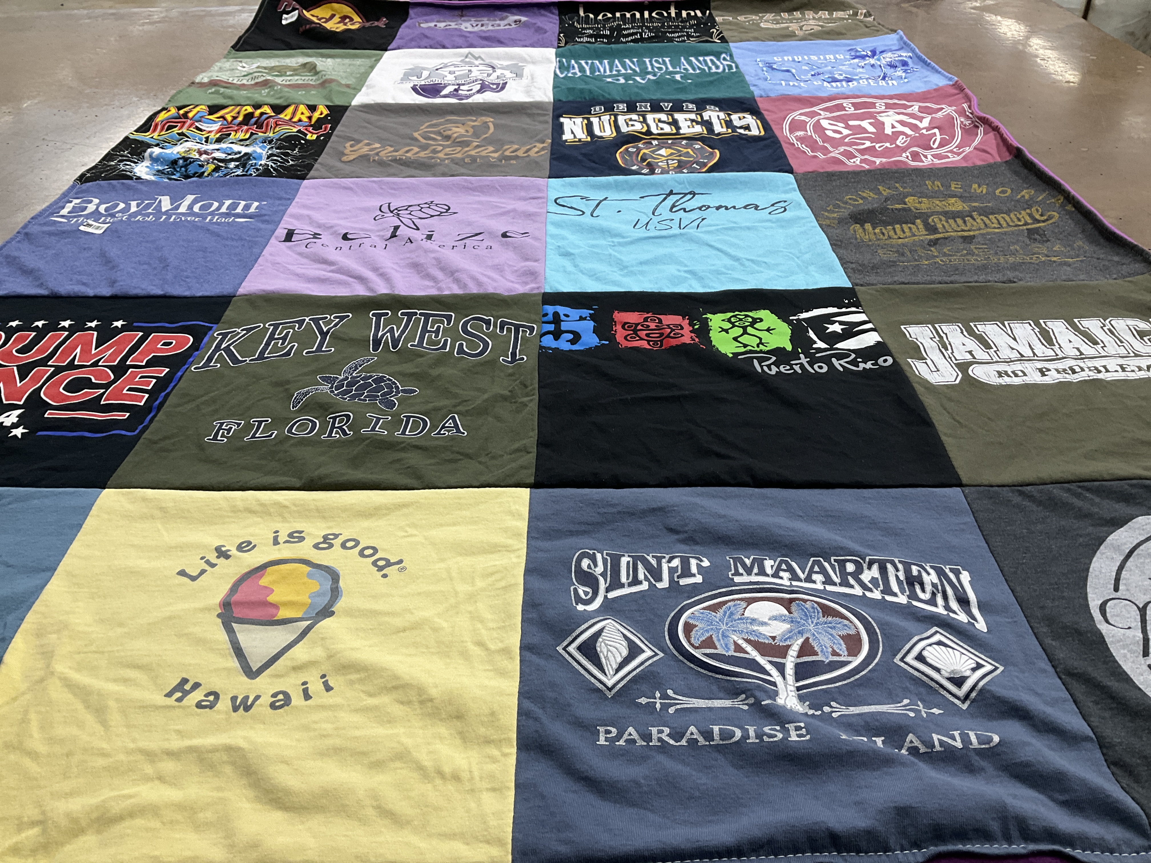 T-shirt quilt with traveling, beachlife themes by Lorrie from CO