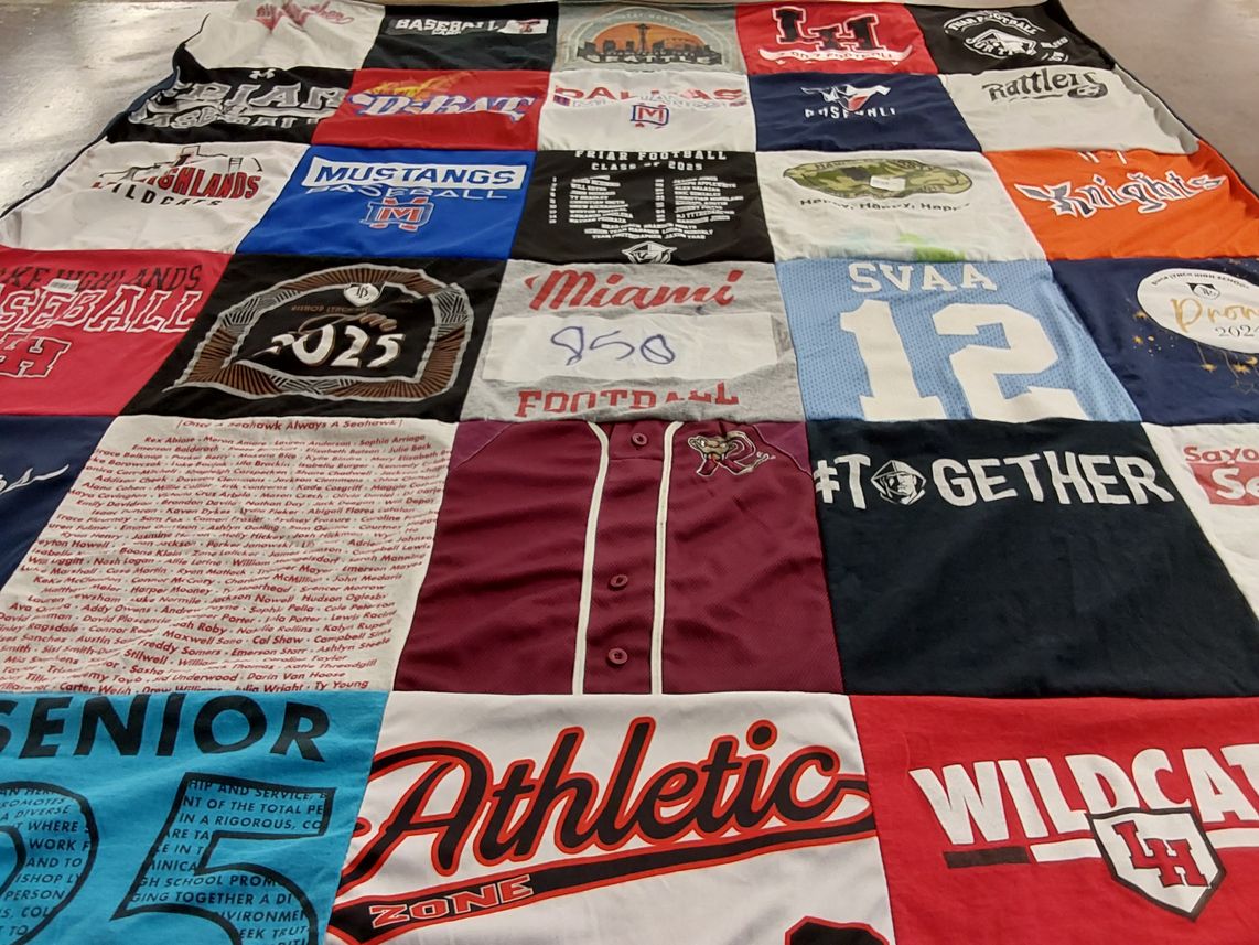 T-shirt quilt featuring mustangs, wildcats by Christine from TX