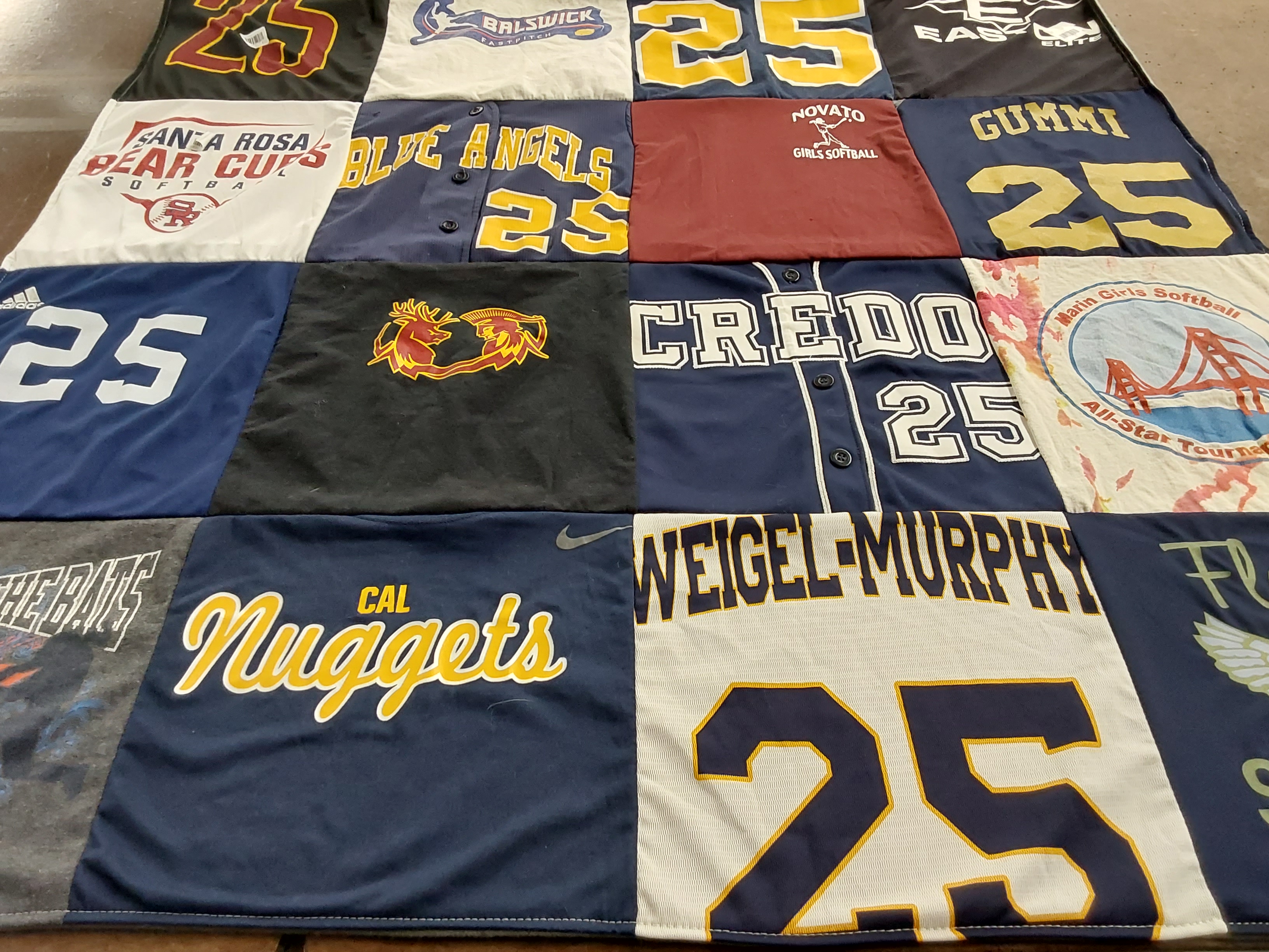 T-shirt quilt featuring cal nuggets, blue angels by Anna from CA