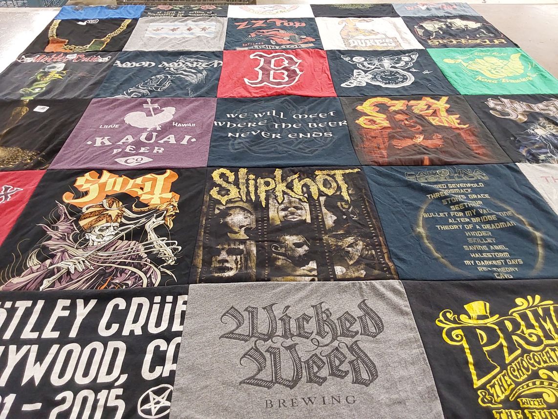 T-shirt quilt with music, brewing themes by Jessica from MA