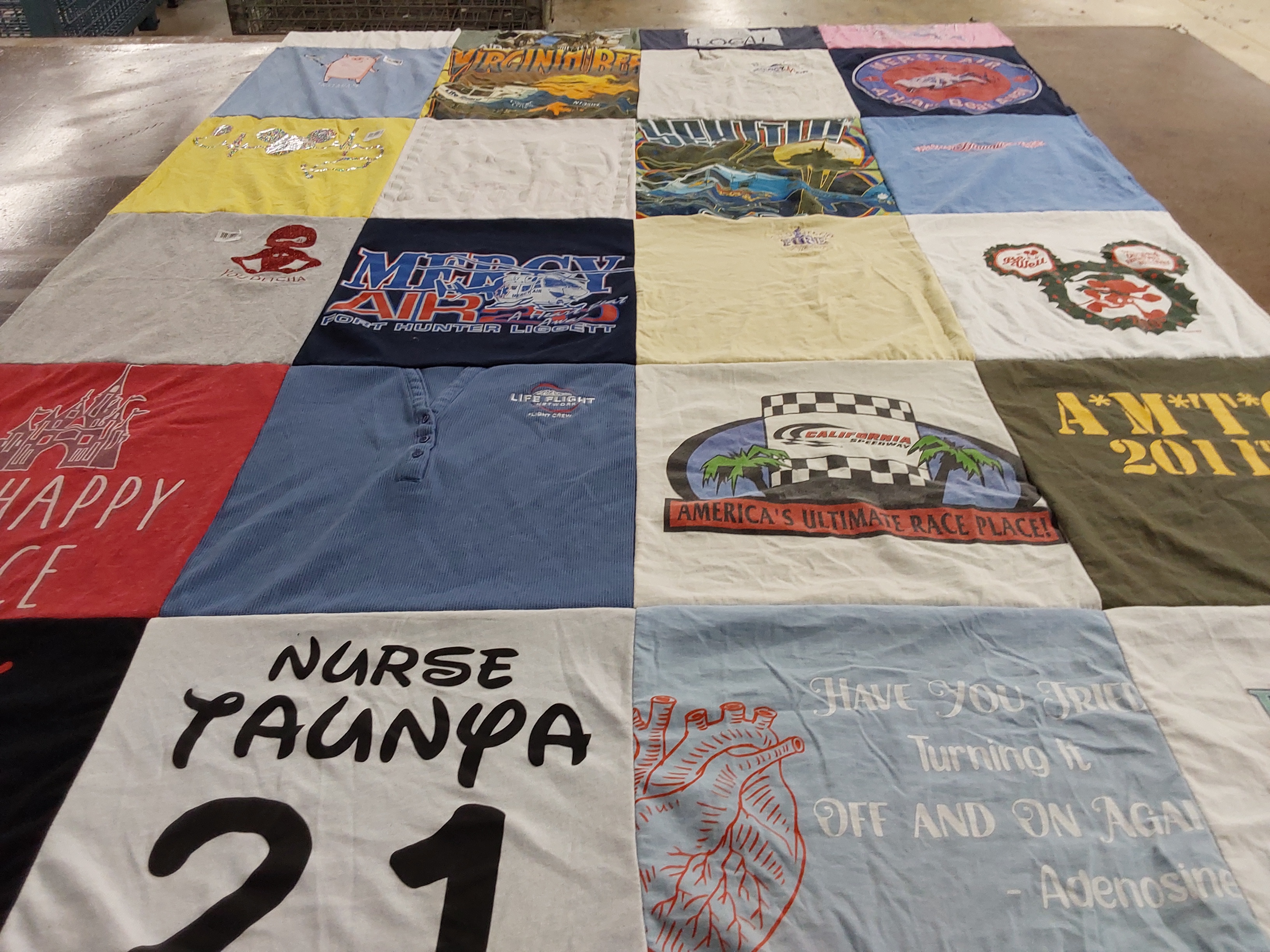T-shirt quilt with nursing, racing themes by Taunya from ID