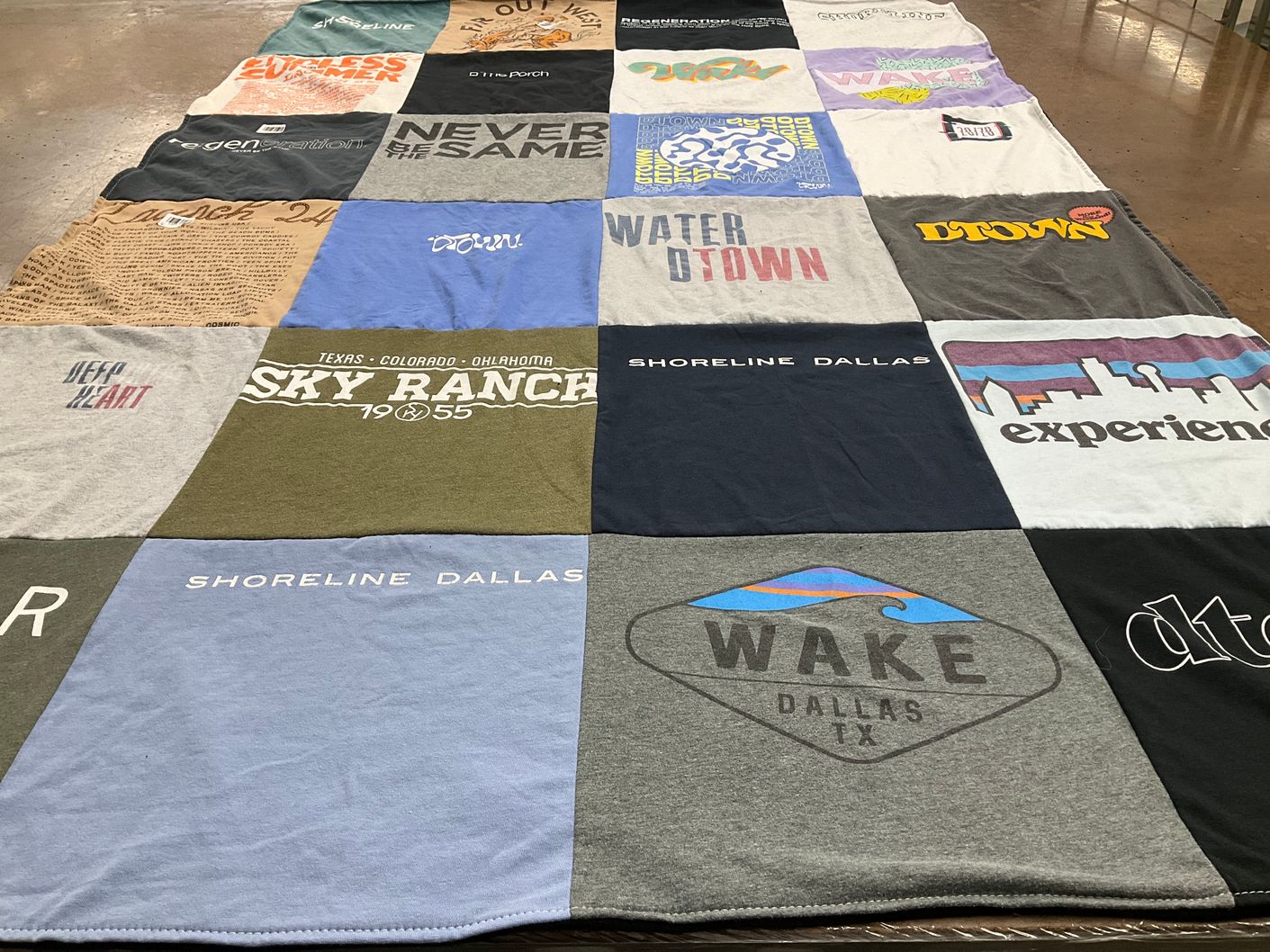 T-shirt quilt with arts, outdoor activities themes by Mattie from TX