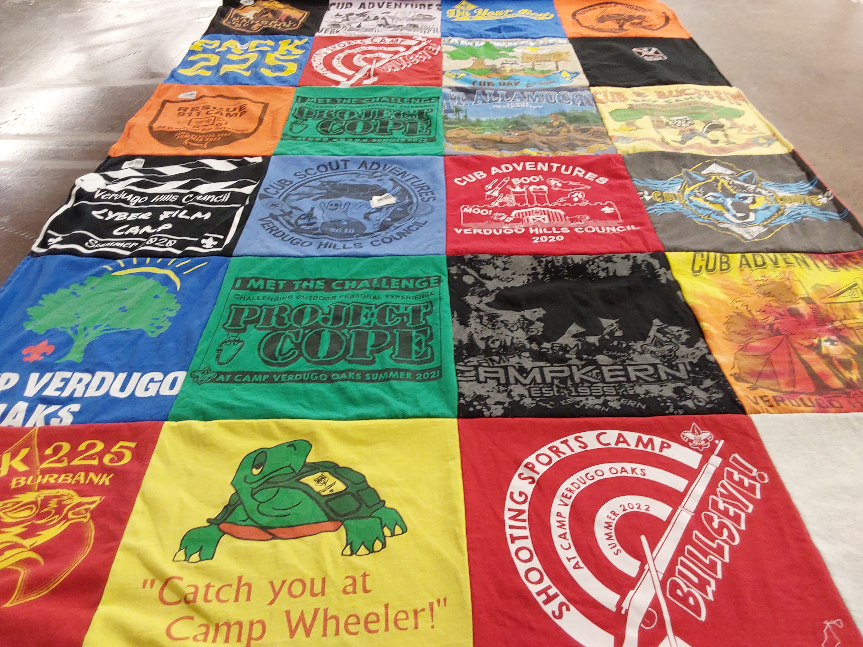 T-shirt quilt with camping, scouting themes by Peter from CA