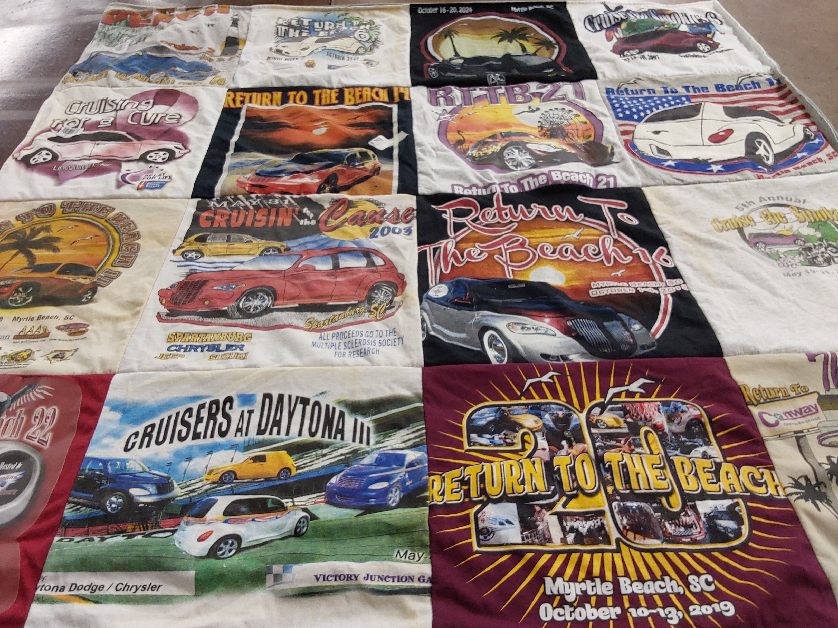T-shirt quilt with cars, charity themes by Pamela from SC
