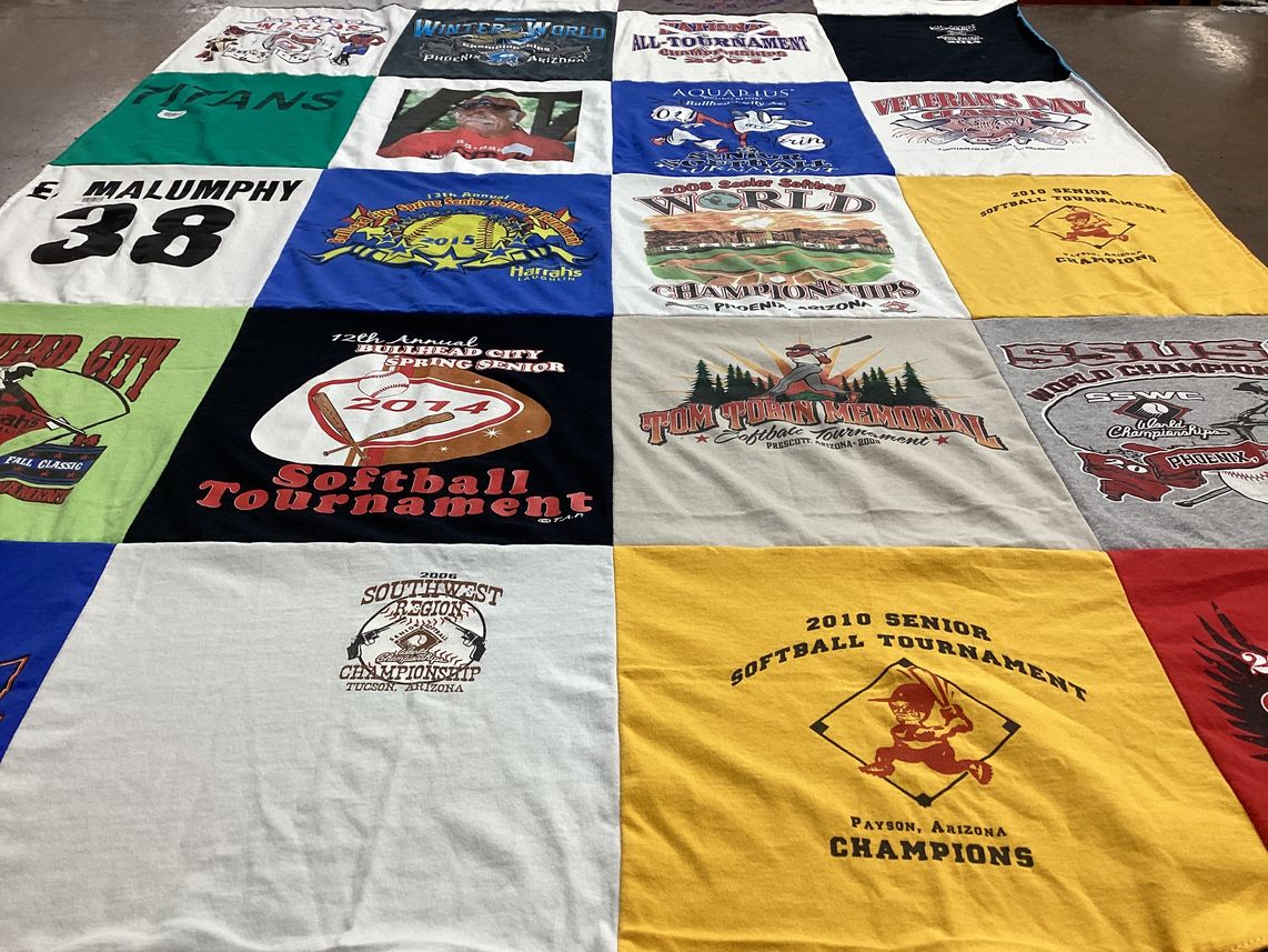 T-shirt quilt with softball, tournaments themes by Cathy from CA