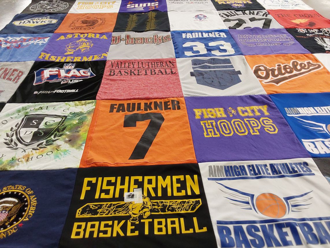 T-shirt quilt featuring fishermen, d-backs by Don from OR