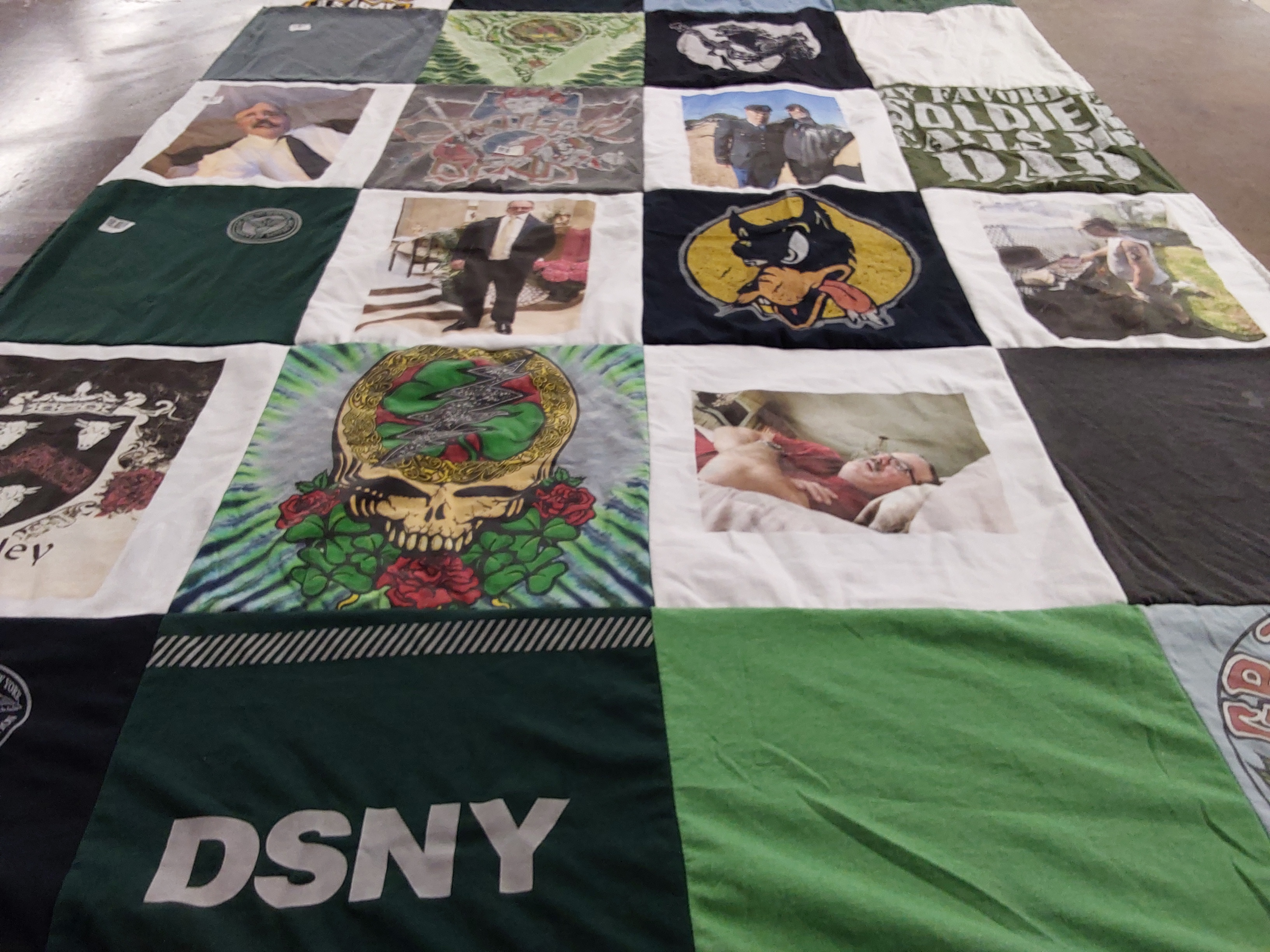 T-shirt quilt with military, photography themes by Eula from NY