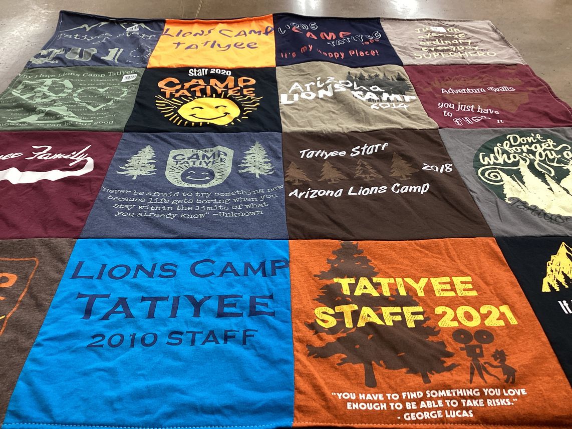 T-shirt quilt with camping, outdoors themes by Tanner from AZ