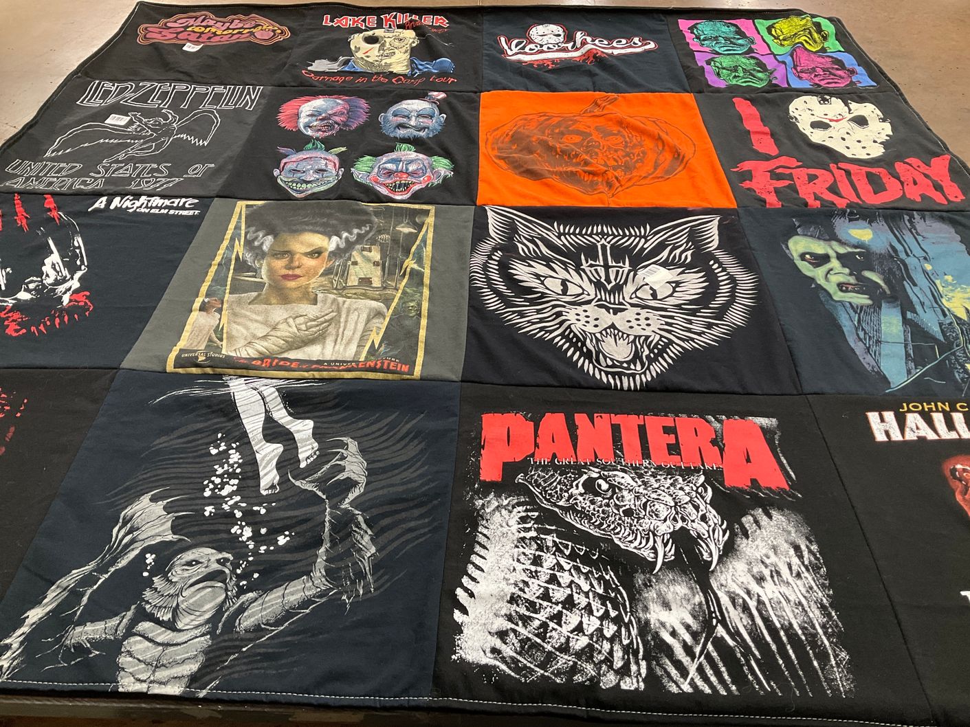 T-shirt quilt with music, horror themes by Maggie from MO