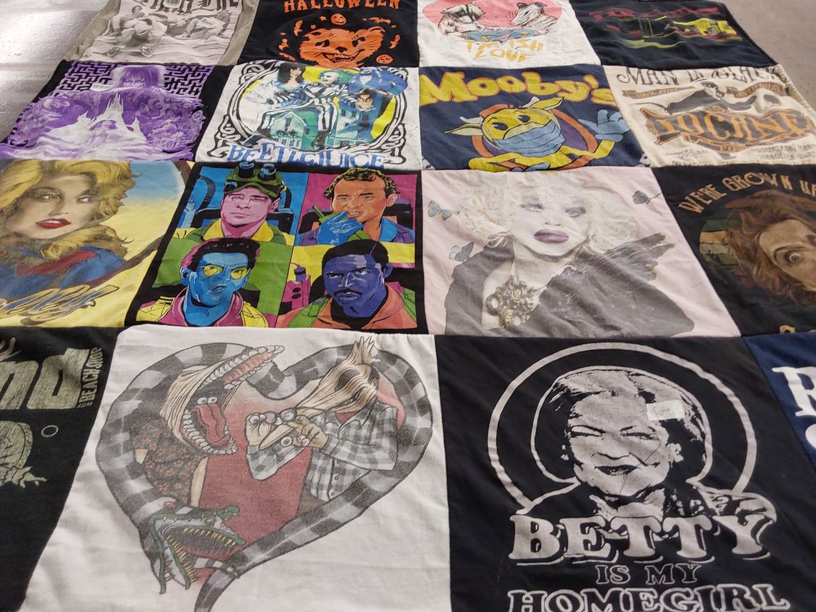 T-shirt quilt with films, pop culture themes by Maggie from MO