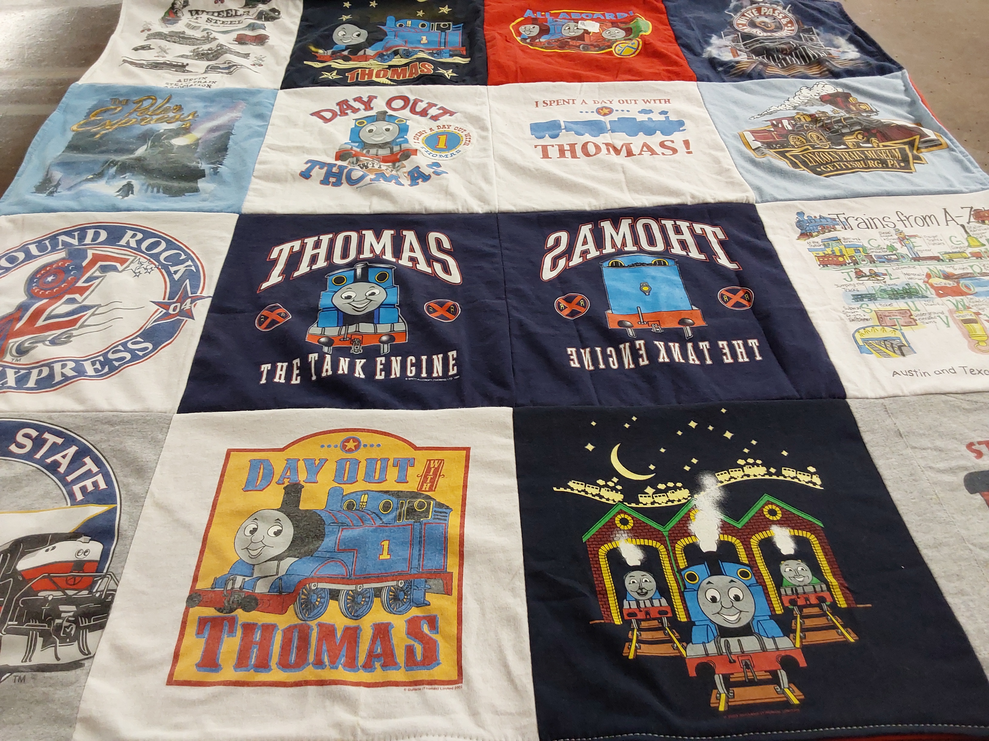 T-shirt quilt with trains, thomas the tank engine themes by Melanie from TX