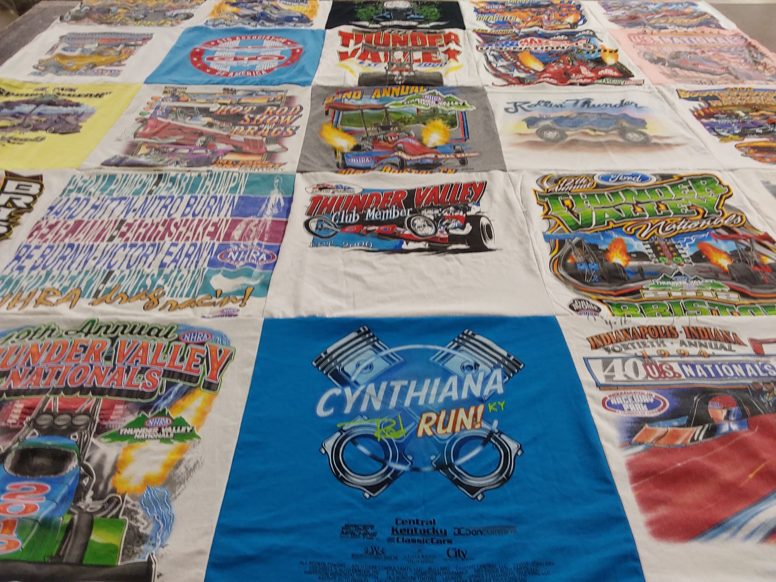 T-shirt quilt with drag racing, motorsports themes by Melissa from KY