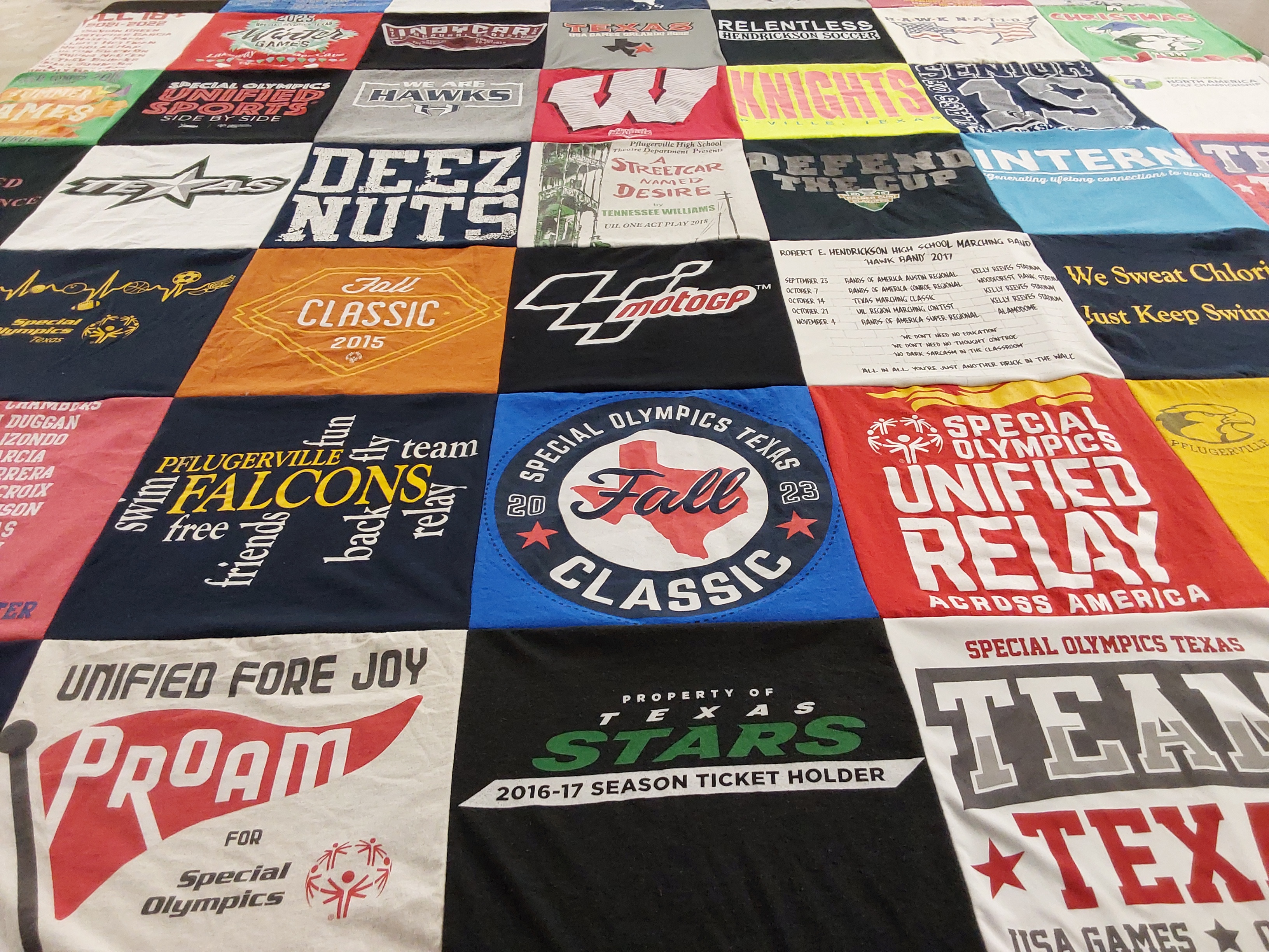 T-shirt quilt featuring plafulgerville falcons by Anna from TX