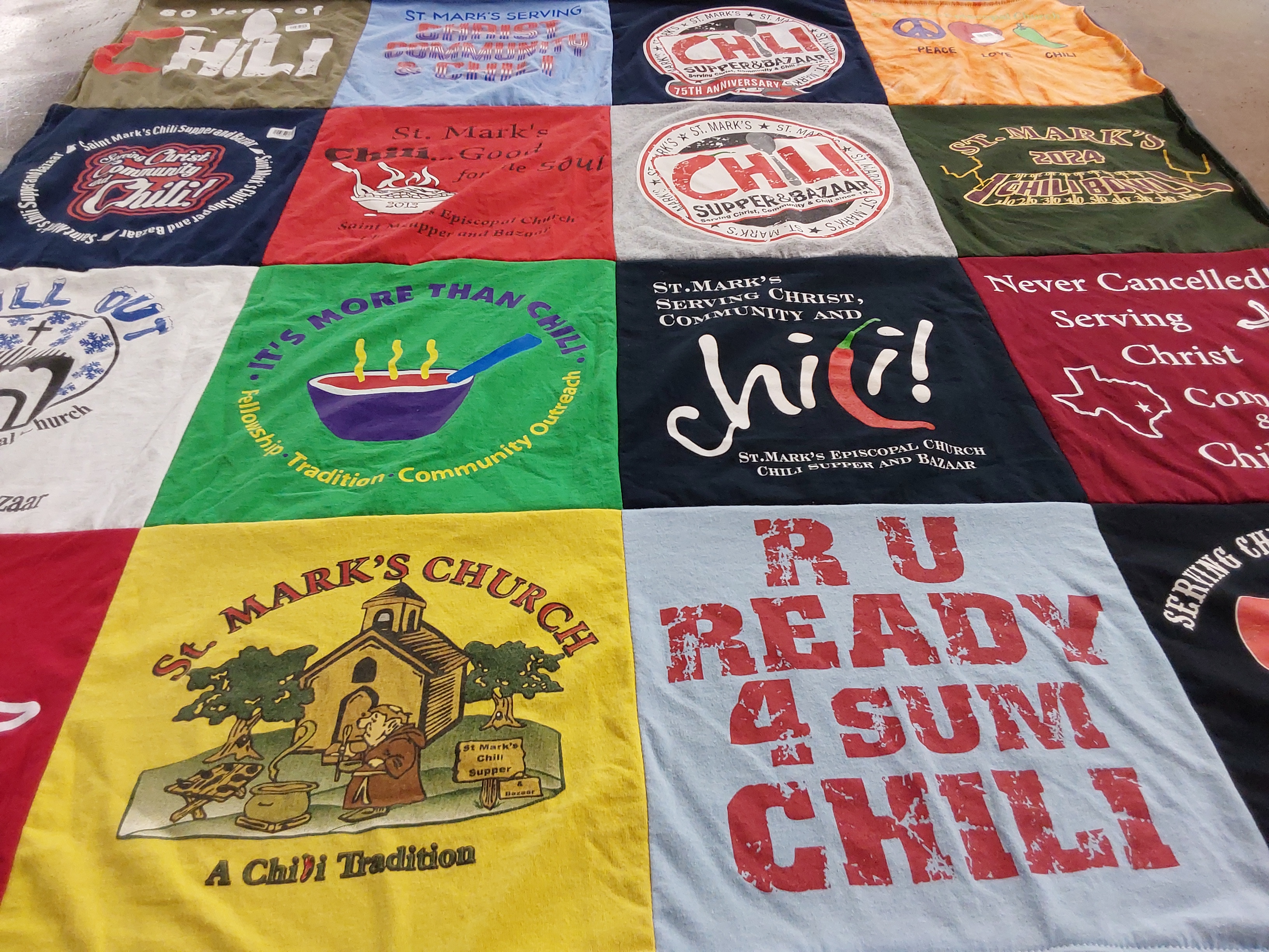 T-shirt quilt with cooking, community service themes by Vicki from TX
