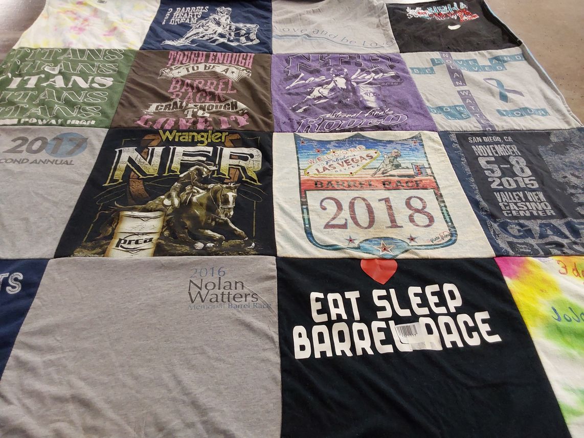 T-shirt quilt with barrel racing, rodeo themes by Jojo from CA